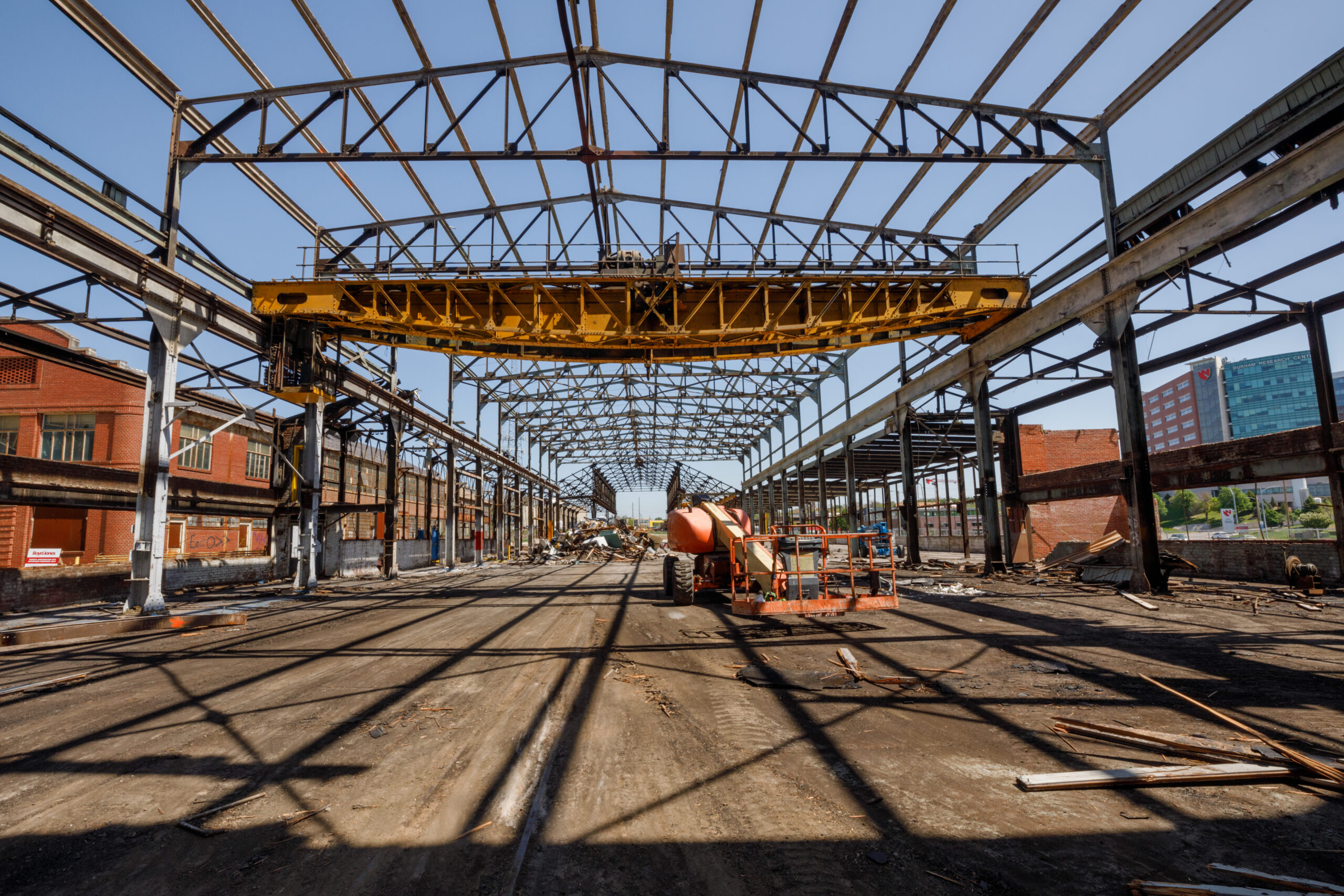 The groundbreaking for the Catalyst project was in May 2023, and shown here is a shell of the former Omaha Steel Works facility.<br />(Kent Sievers / University of Nebraska Medical Center)