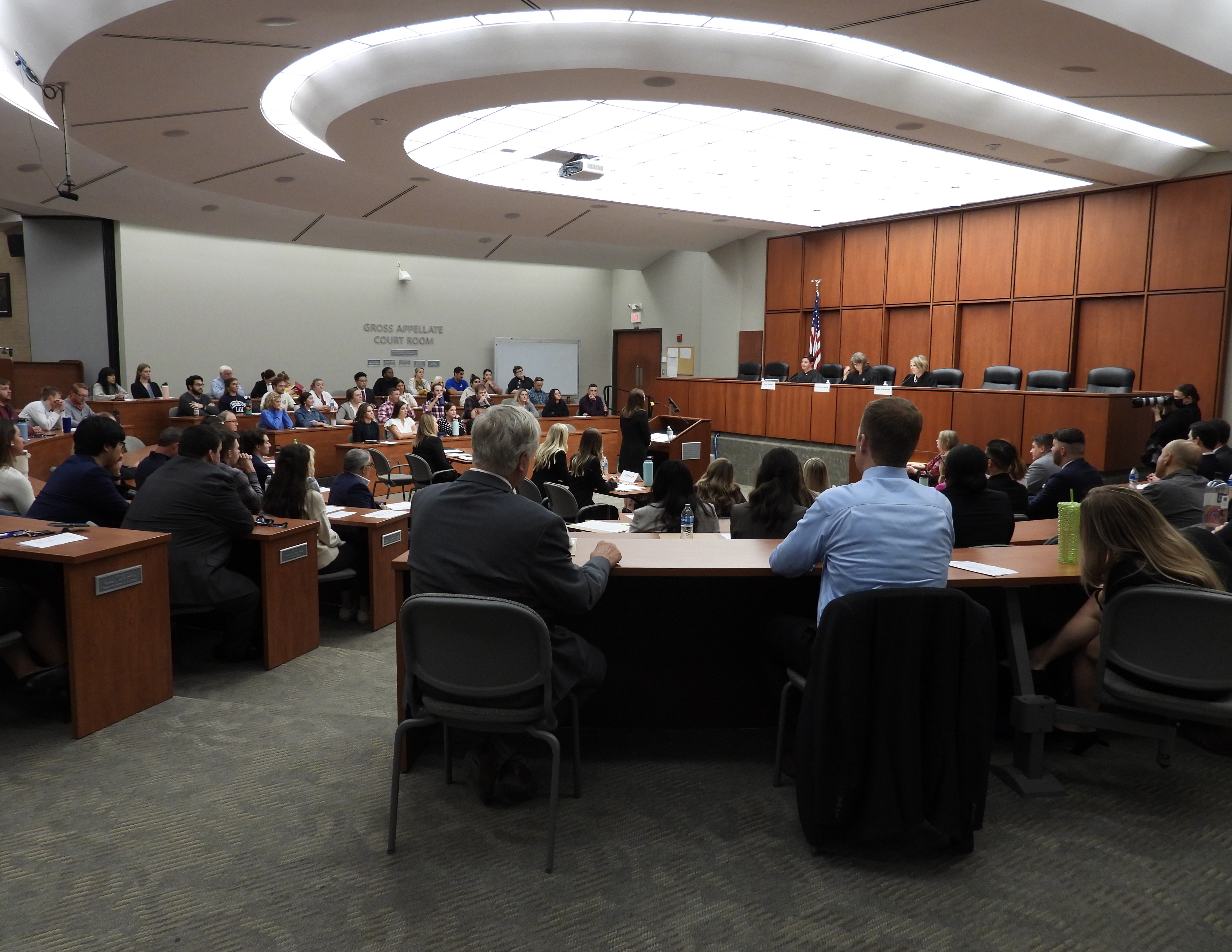 A packed Gross Appellate Courtroom watched Creighton’s Moot Court finals. (Tim Trudell / The Daily Record)