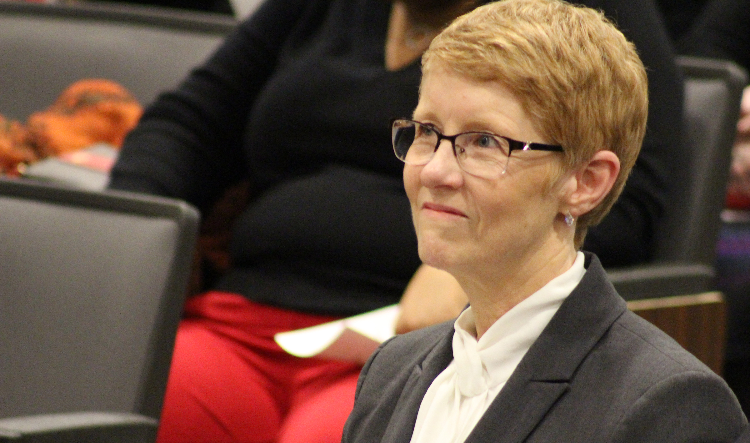 Mary “Peg” M.Z. Stevens reacts to comments during an investiture ceremony in the Legislative Chambers of the Omaha-Douglas County Civic Center on Friday, Jan. 3, 2020. (Photo by Scott Stewart)