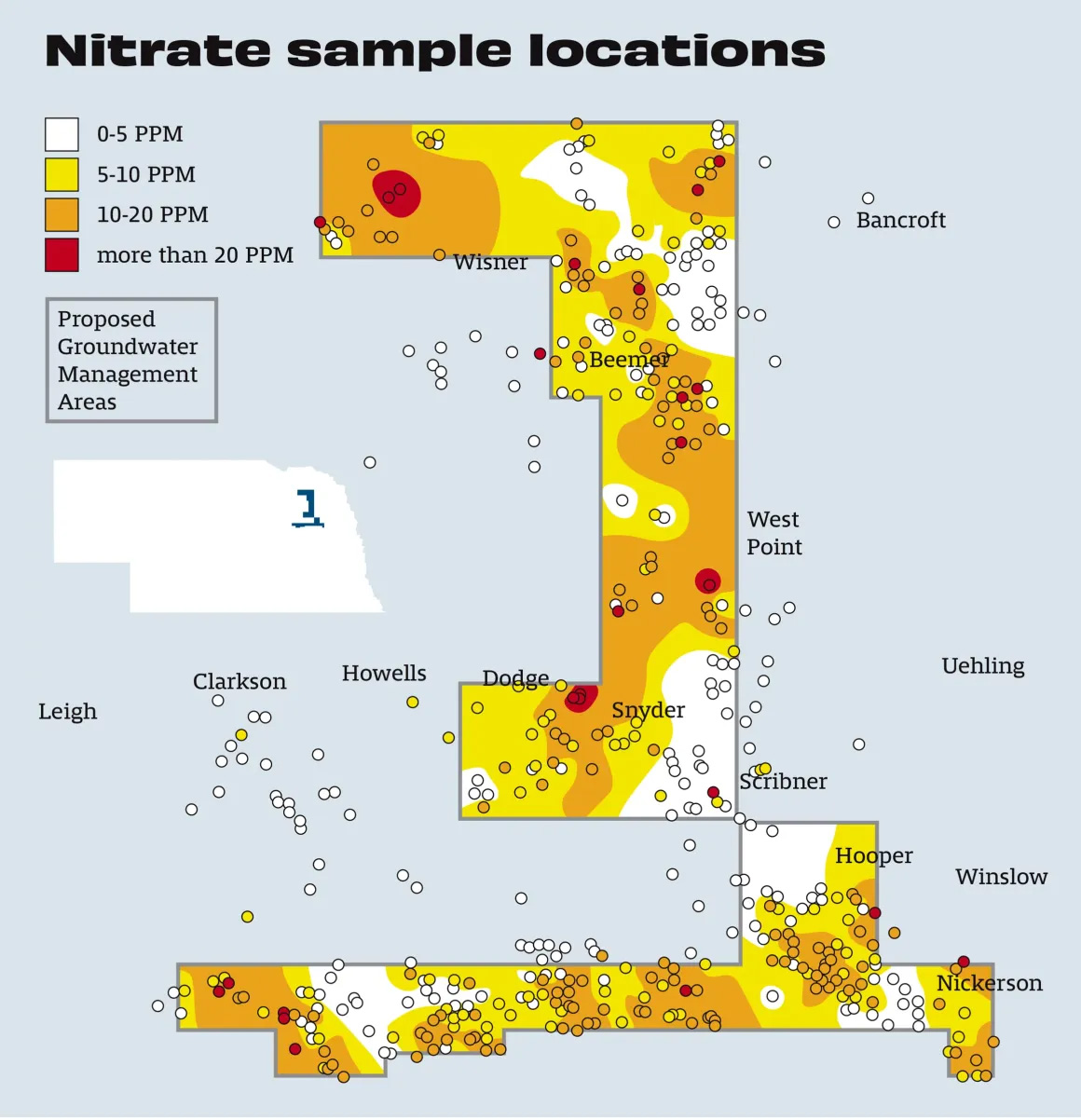 Lower Elkhorn Natural Resources District staff proposed a groundwater management area in 2020 after the median nitrate levels in 460 square miles of Cuming, Dodge and Colfax counties hit the district’s threshold for Phase 2 — at least 20% of the monitored wells have nitrate concentrations between 5 and 9 parts per million. (Data by Lower Elkhorn NRD; Map by Hanscom Park Studio)
