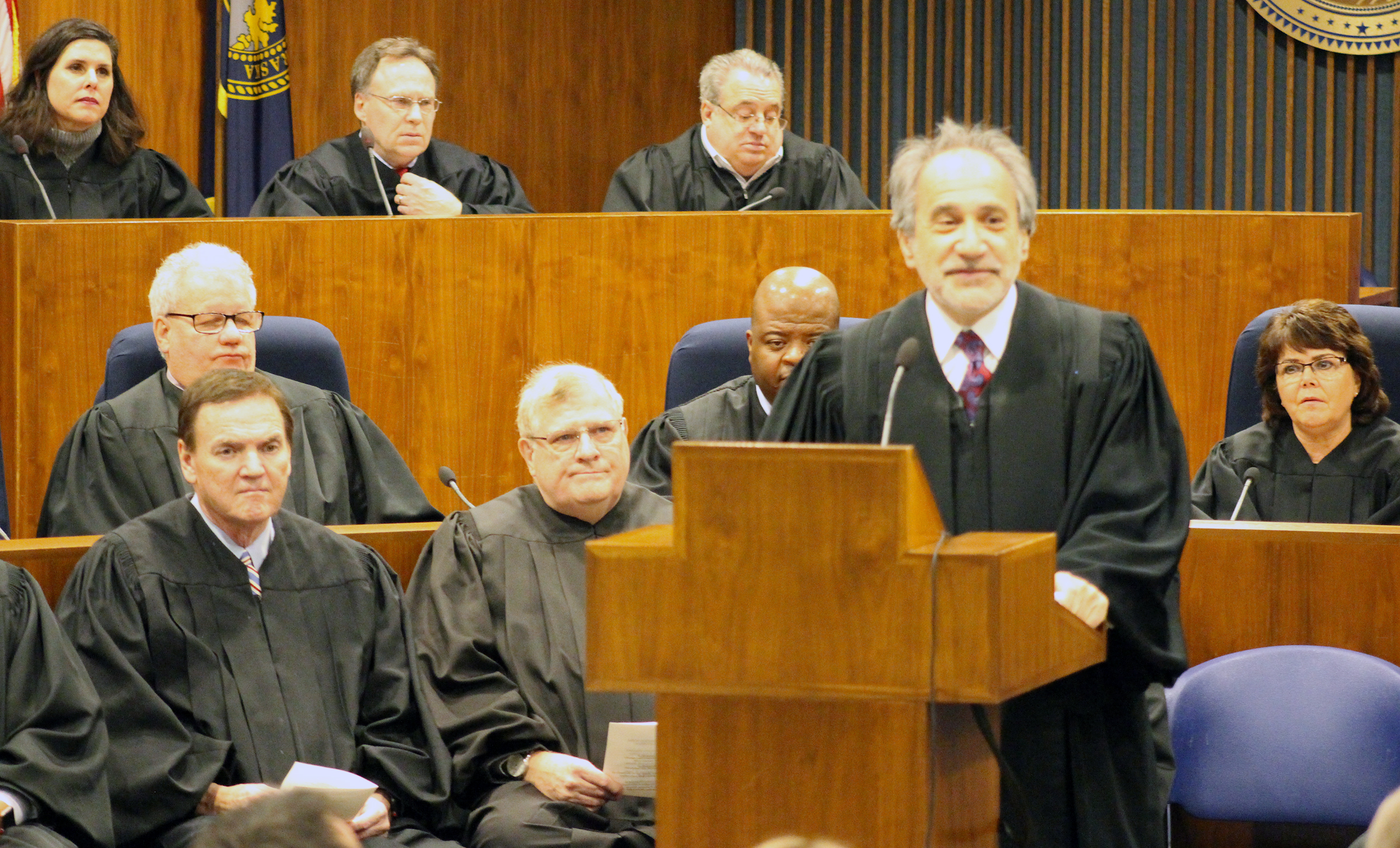 Judge Lawrence D. Gendler delivers remarks during an investiture ceremony in the Legislative Chambers of the Omaha-Douglas County Civic Center on Friday, Jan. 3, 2020. (Photo by Scott Stewart)
