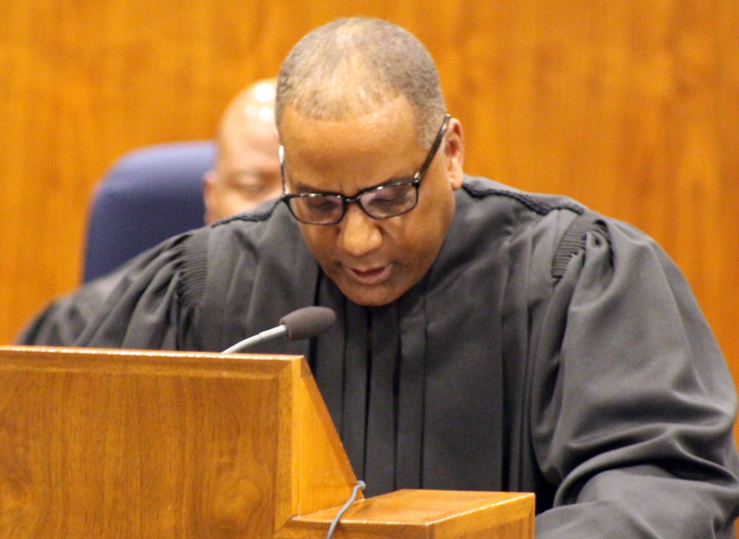 Judge Vernon Daniels delivers remarks during an investiture ceremony in the Legislative Chambers of the Omaha-Douglas County Civic Center on Friday, Jan. 3, 2020. (Photo by Scott Stewart)