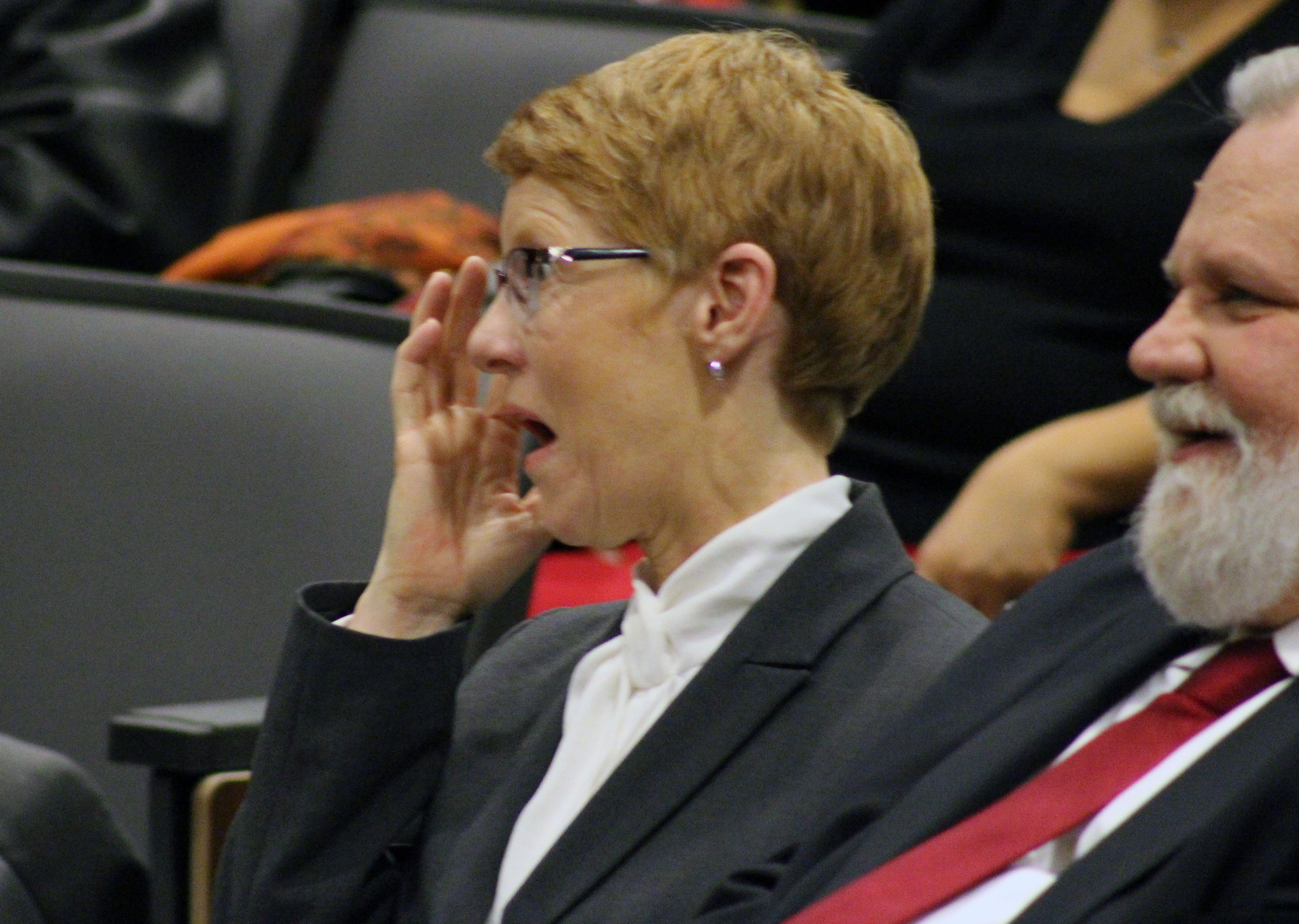 Mary “Peg” M.Z. Stevens reacts to comments during an investiture ceremony in the Legislative Chambers of the Omaha-Douglas County Civic Center on Friday, Jan. 3, 2020. (Photo by Scott Stewart)