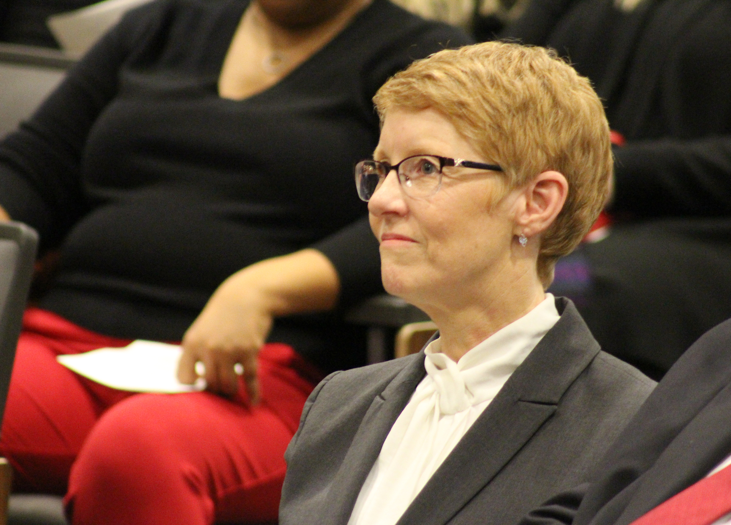 Mary “Peg” M.Z. Stevens reacts to comments during an investiture ceremony in the Legislative Chambers of the Omaha-Douglas County Civic Center on Friday, Jan. 3, 2020. (Photo by Scott Stewart)