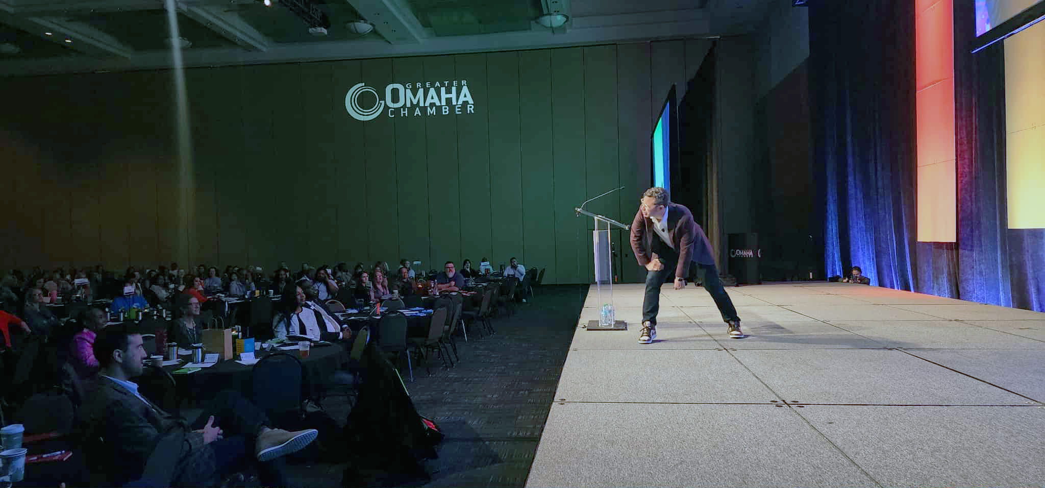 Adam “Smiley” Poswolsky gets animated as he discusses the need for people to feel included in order to succeed in today’s business climate at the Omaha Chamber’s POWER Conference at CHI Health Center in Omaha on October 10, 2025.<br />(Tim Trudell / The Daily Record)