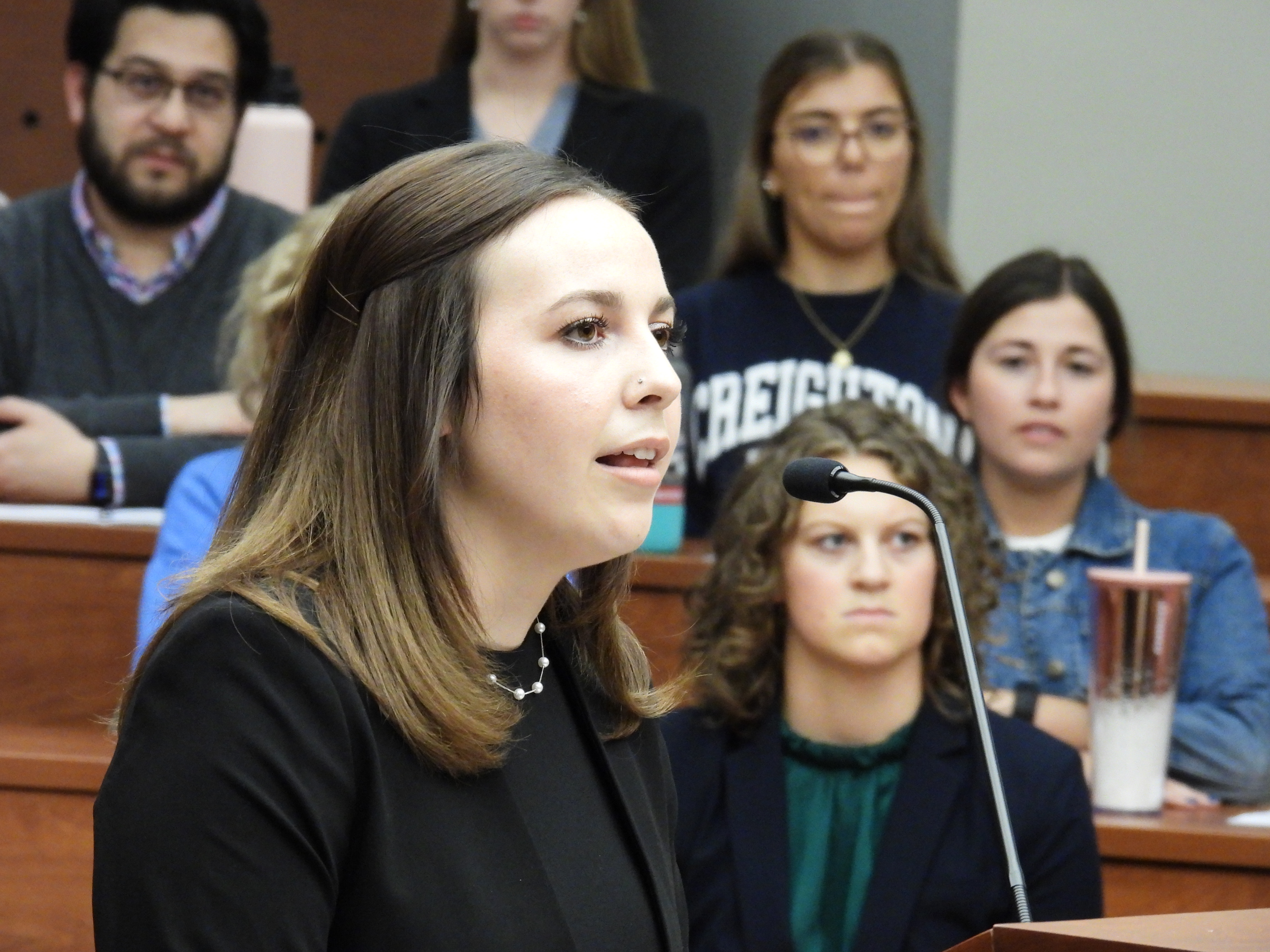 Courtney Mascarenas argues to overturn a court decision during Creighton University’s annual Moot Court competition. (Tim Trudell / The Daily Record)