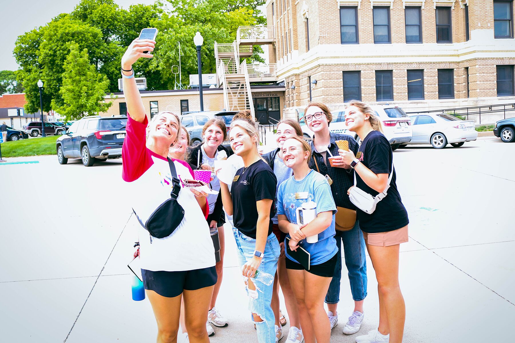 Kalli Kroeker, then an intern for the Hickman Area Community Foundation Fund, takes a group selfie during a May 2023 peer learning session for Hometown Interns in Ord. The Nebraska Community Foundation’s internship program has placed 95 interns back in the rural Nebraska home counties, where they work on community service projects to better the place where they grew up.<br />(Courtesy photo)