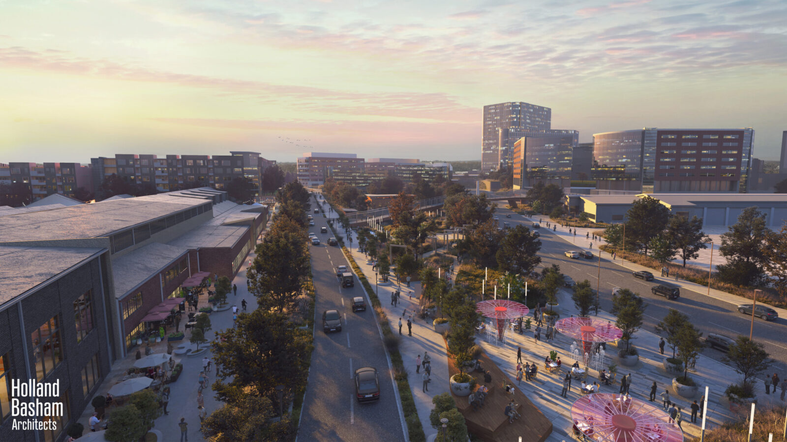 Rendering that shows future view from the southern edge of the EDGE District looking north up 46th Street.<br />(Courtesy Holland Basham Architects)