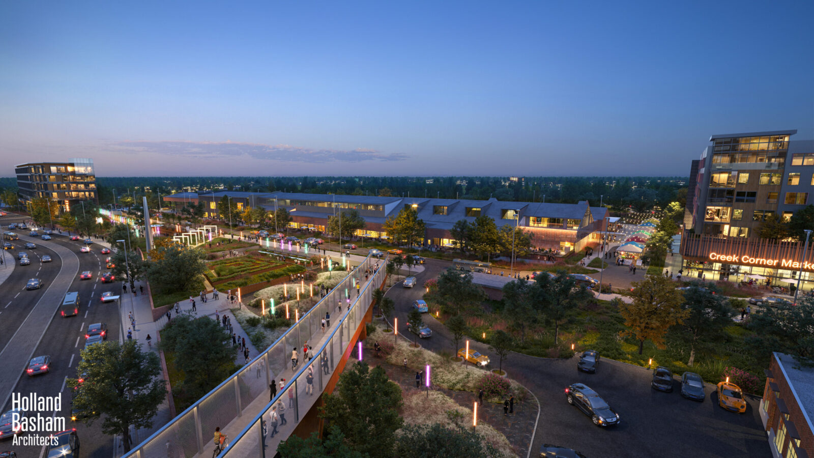 Rendering of the east side of Saddle Creek Road looking toward EDGE District.<br />(Courtesy of Holland Basham Architects)