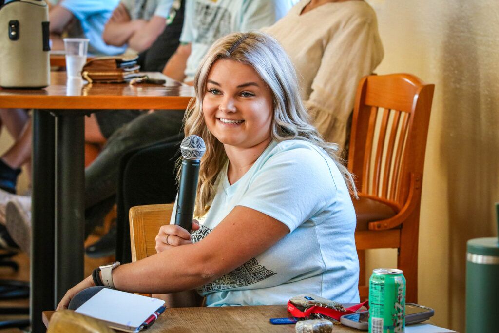 Takaylynn (TK) Hergott speaks to the crowd at a June 2024 Hometown Intern kickoff event at Second Chapter Brewing in Ogallala.<br />(Courtesy photo)