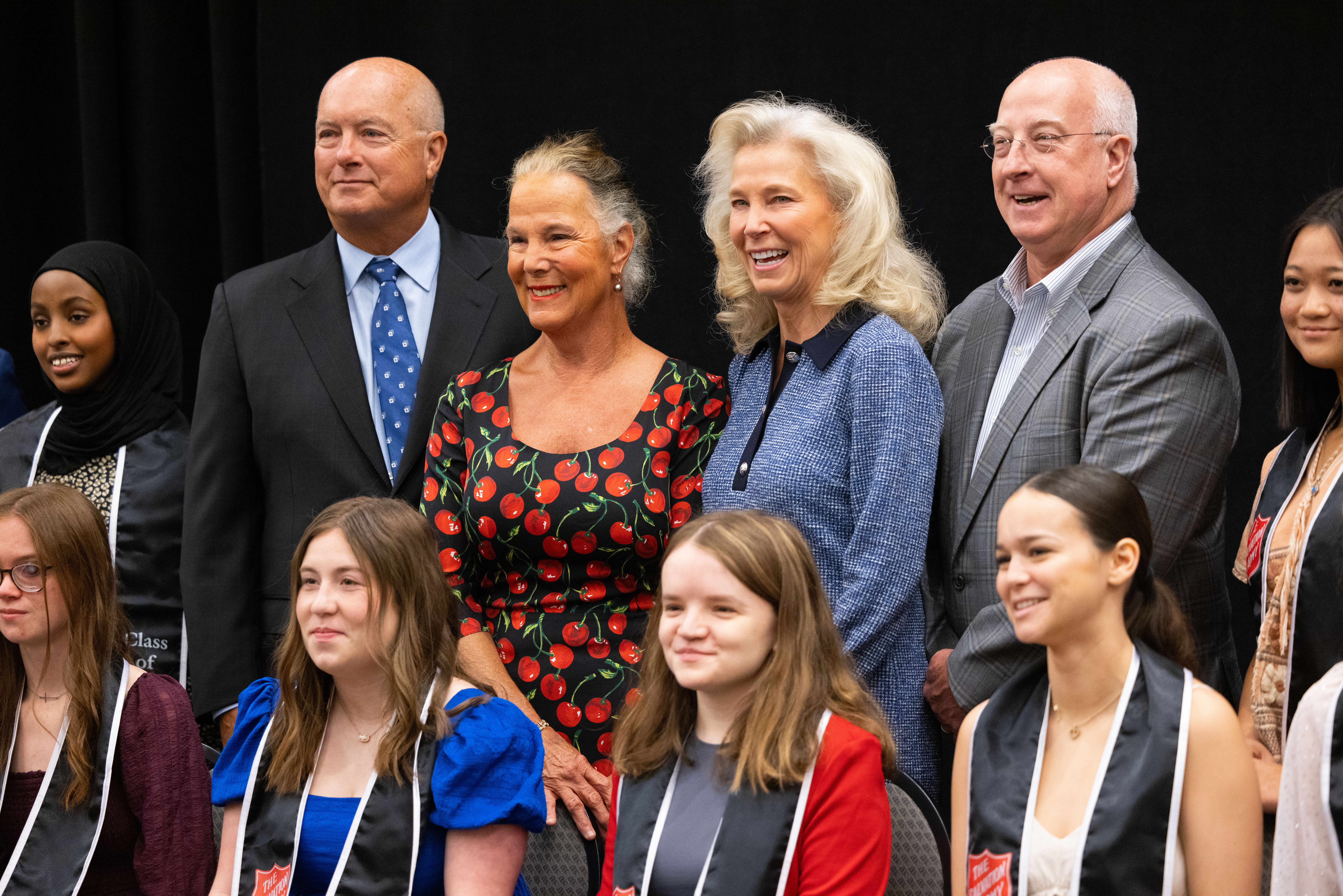 Philanthropists David and Peggy Sokol, left, and 2024 D.J.’s Hero Awards Luncheon Chairs Lori and David Scott, with many of the winners from the D.J.’s Heroes class of 2024.<br />(Rebecca Gratz / Rebecca Gratz Multimedia)