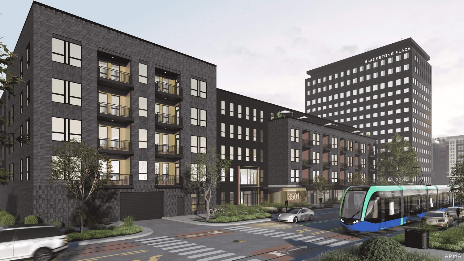 A rendering of GreenSlate Development’s next project in midtown Omaha’s Blackstone District, which expects an investment of $45 million and feature 180 units. Developers plan to ask for tax-increment financing. The project is along the city’s planned streetcar route. Both the streetcar and TIF have been issues in the Omaha mayoral race.<br />(Courtesy of APMA)