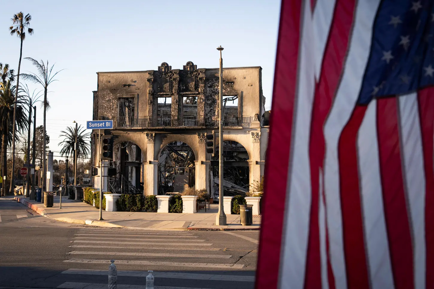 Wildfire ravaged a building on Sunset Boulevard in Pacific Palisades.<br />(Sarahbeth Maney / ProPublica)