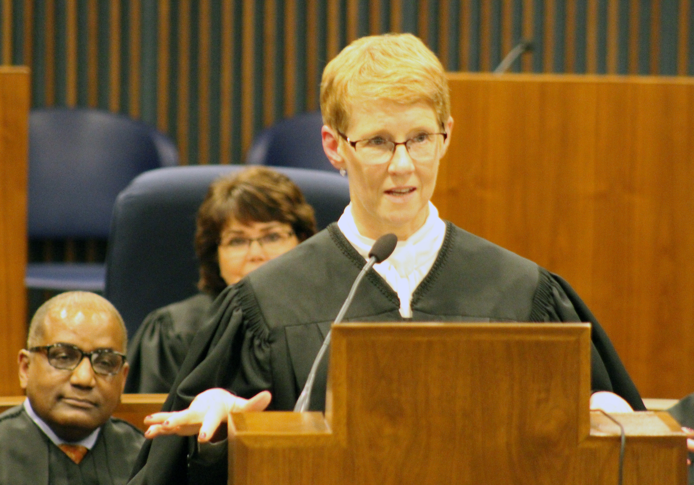 Douglas County Juvenile Court Judge Mary “Peg” M.Z. Stevens delivers remarks during an investiture ceremony in the Legislative Chambers of the Omaha-Douglas County Civic Center on Friday, Jan. 3, 2020. (Photo by Scott Stewart)