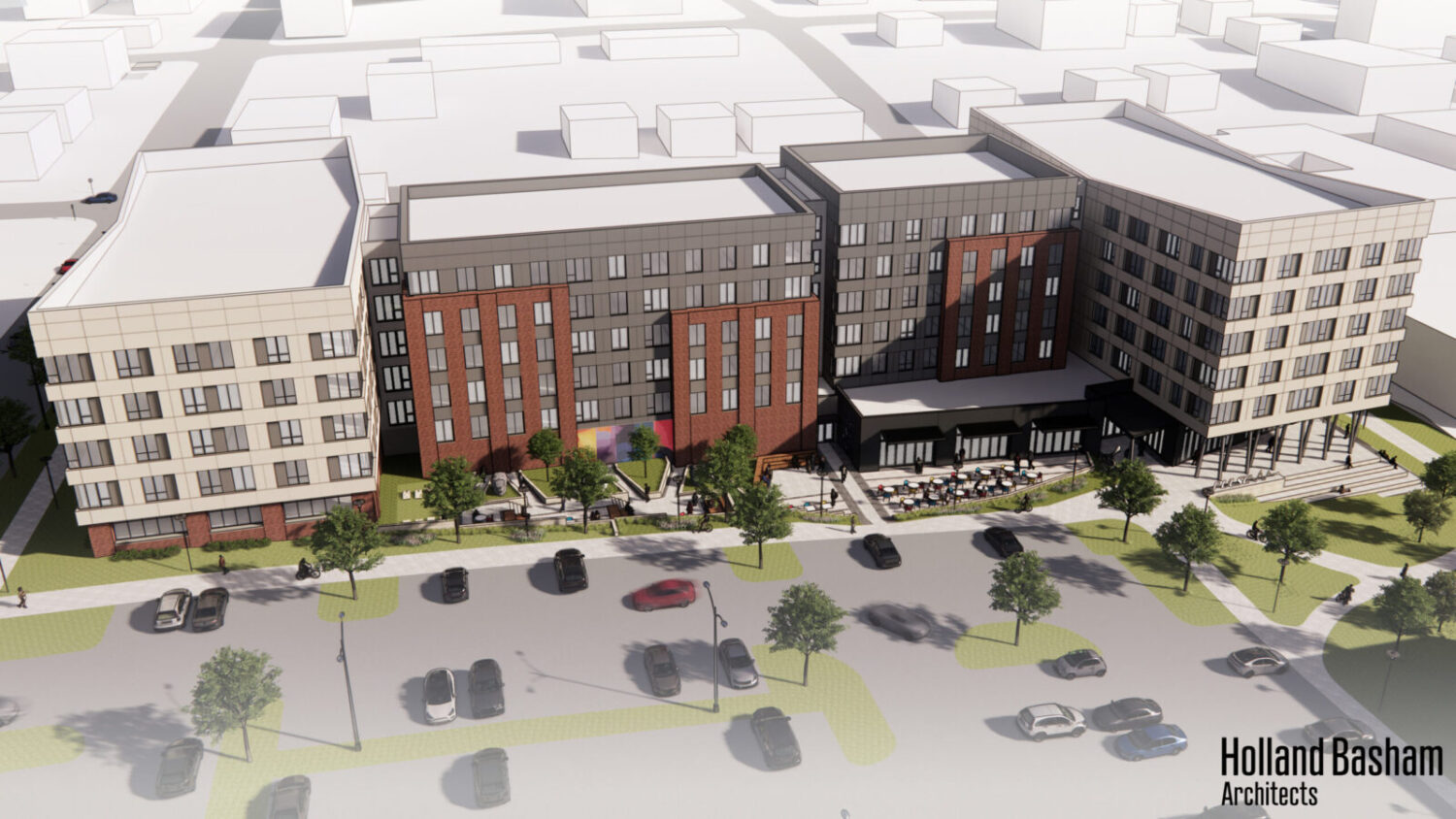 A proposed on-campus residential development is designed to house about 300 students of the University of Nebraska Medical Center.<br />(Courtesy of Holland Basham Architects)
