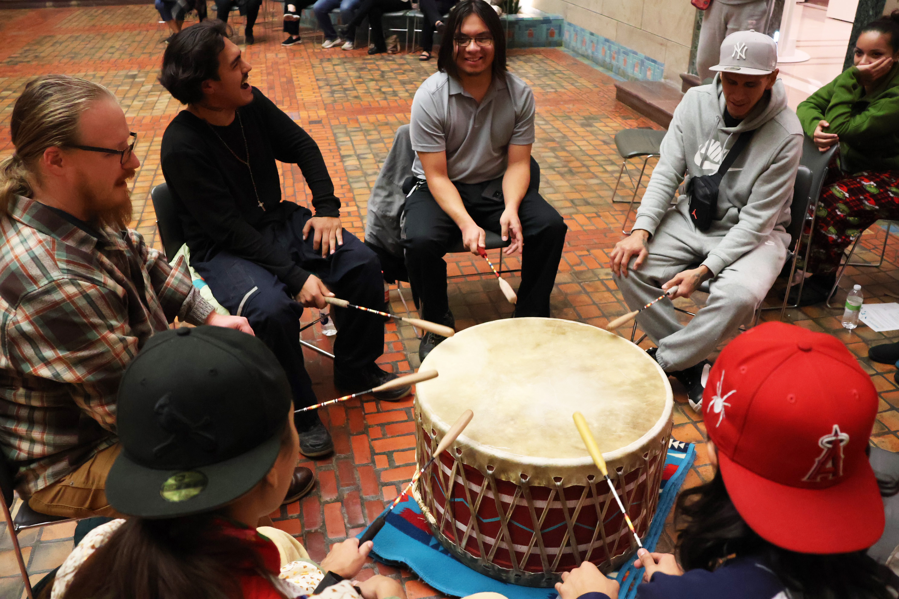 Members of the Bluebird Cultural Initiative demonstrate their traditional drum and singing skills.<br />(Tim Trudell / The Daily Record)