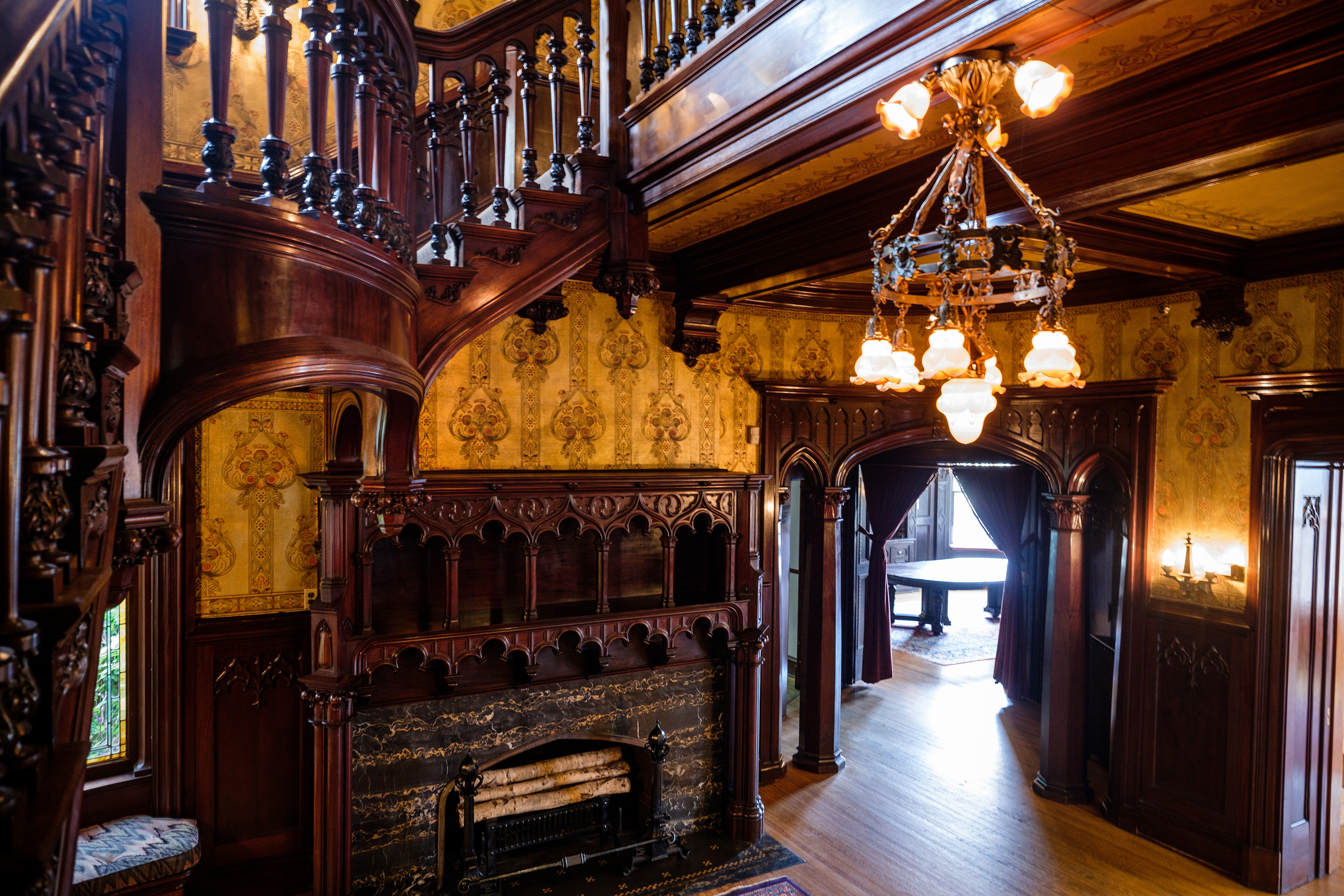 The four-story house (Joslyn Castle) was completed at a cost of $250,000 – about $9 million today. The pace of construction – 18 months – was amazing, given the rich use of carved wood, stained glass, chiseled stone, mosaic tiles, and wrought iron.<br />(Courtesy of Visit Omaha)