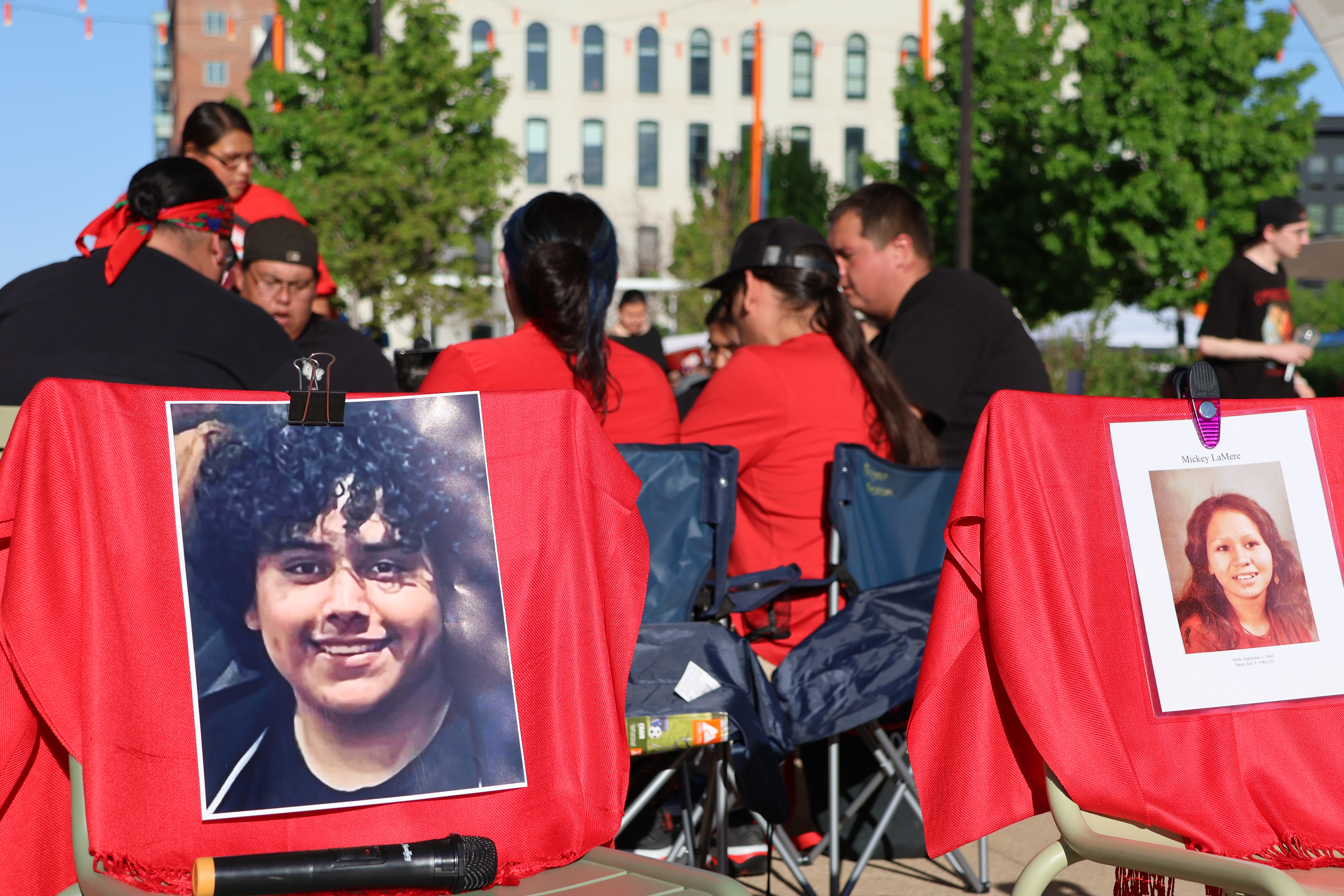 Missing and Murdered Indigenous Women and Men’s photos were displayed while a drum performed at Gene Leahy Mall at the Riverfront during an event on MMIW Awareness Day May 7. May is MMIW Awareness Month.<br />(Tim Trudell / The Daily Record)