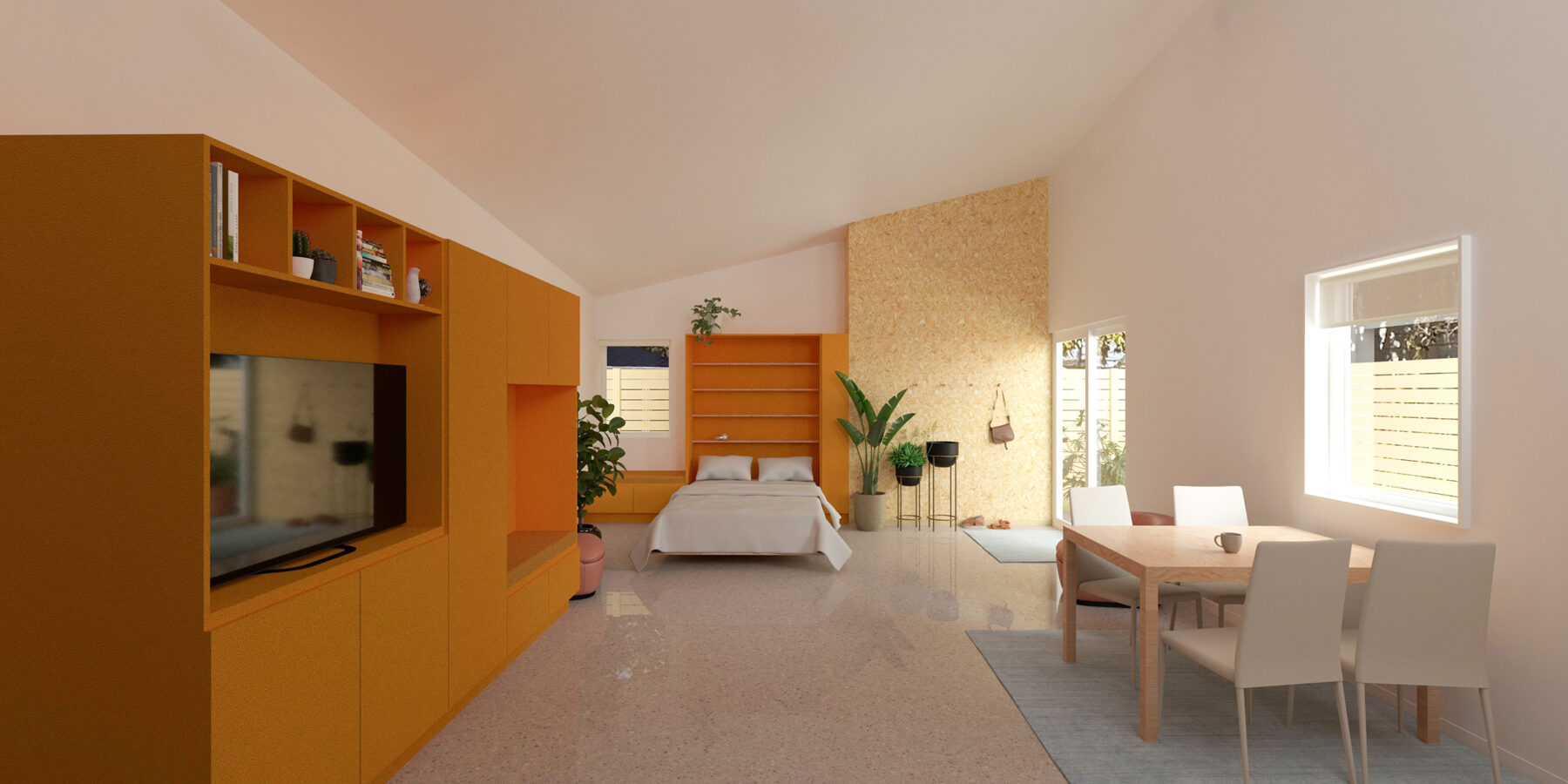 Interior rendering of Benson house, an efficiency dwelling with about 618 square feet.<br /> (Courtesy of UNL Fabrication And Construction Team)