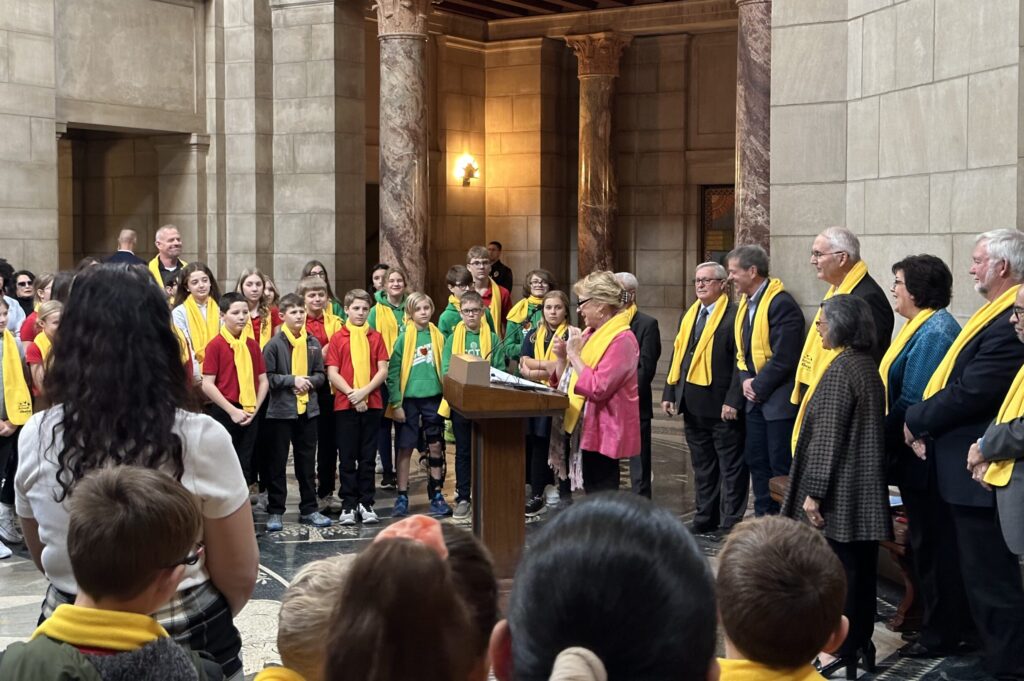State Sen. Lou Ann Linehan of Omaha spoke to a group of students from area private schools earlier this year about her “opportunity scholarship” bill.<br />(Aaron Sanderford / Nebraska Examiner)