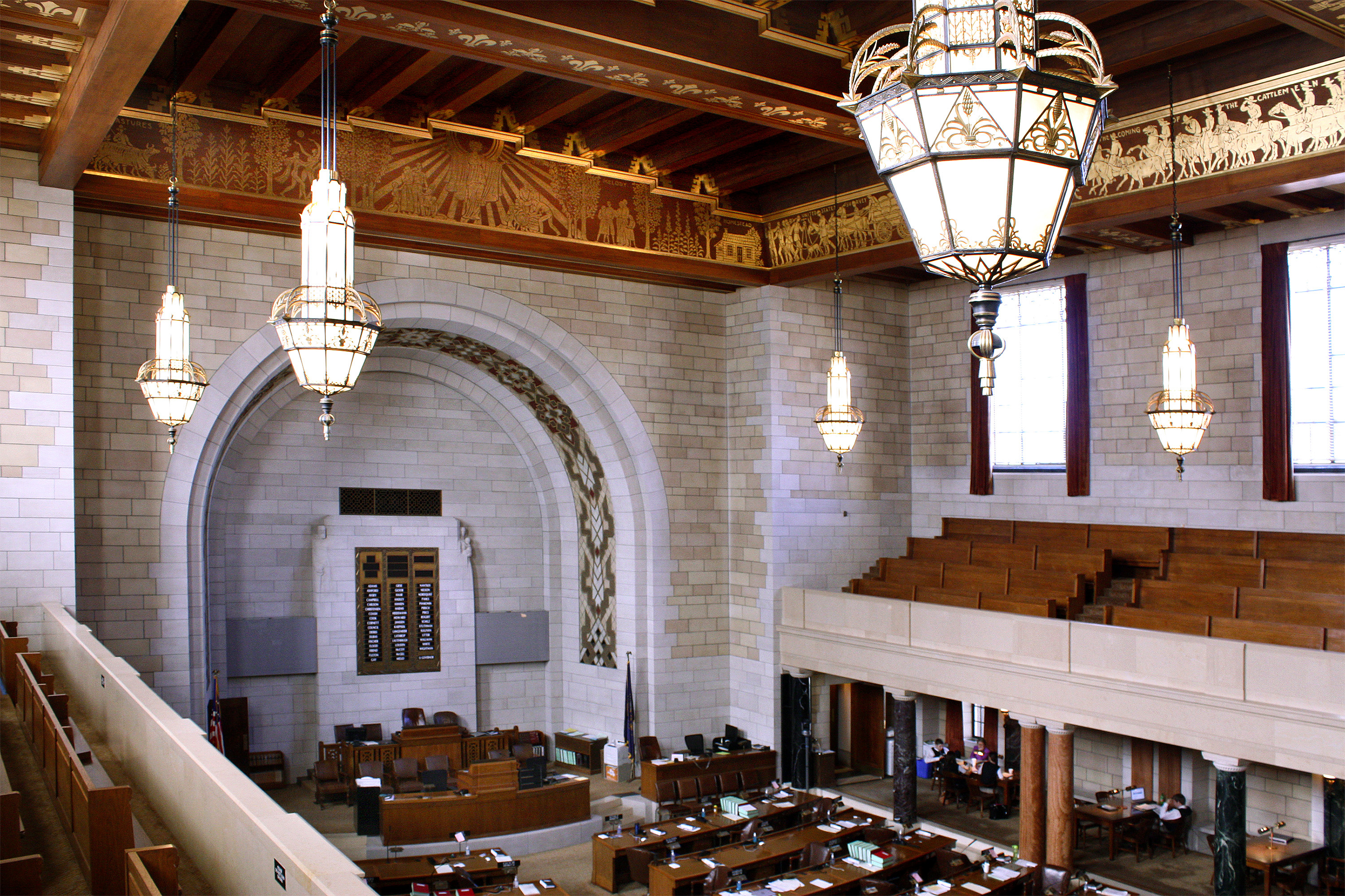 Inside the House of Representatives, Hildreth Meière used gold leaf to decorate the walnut beams below the ceiling.<br />(International Hildreth Meière Association)