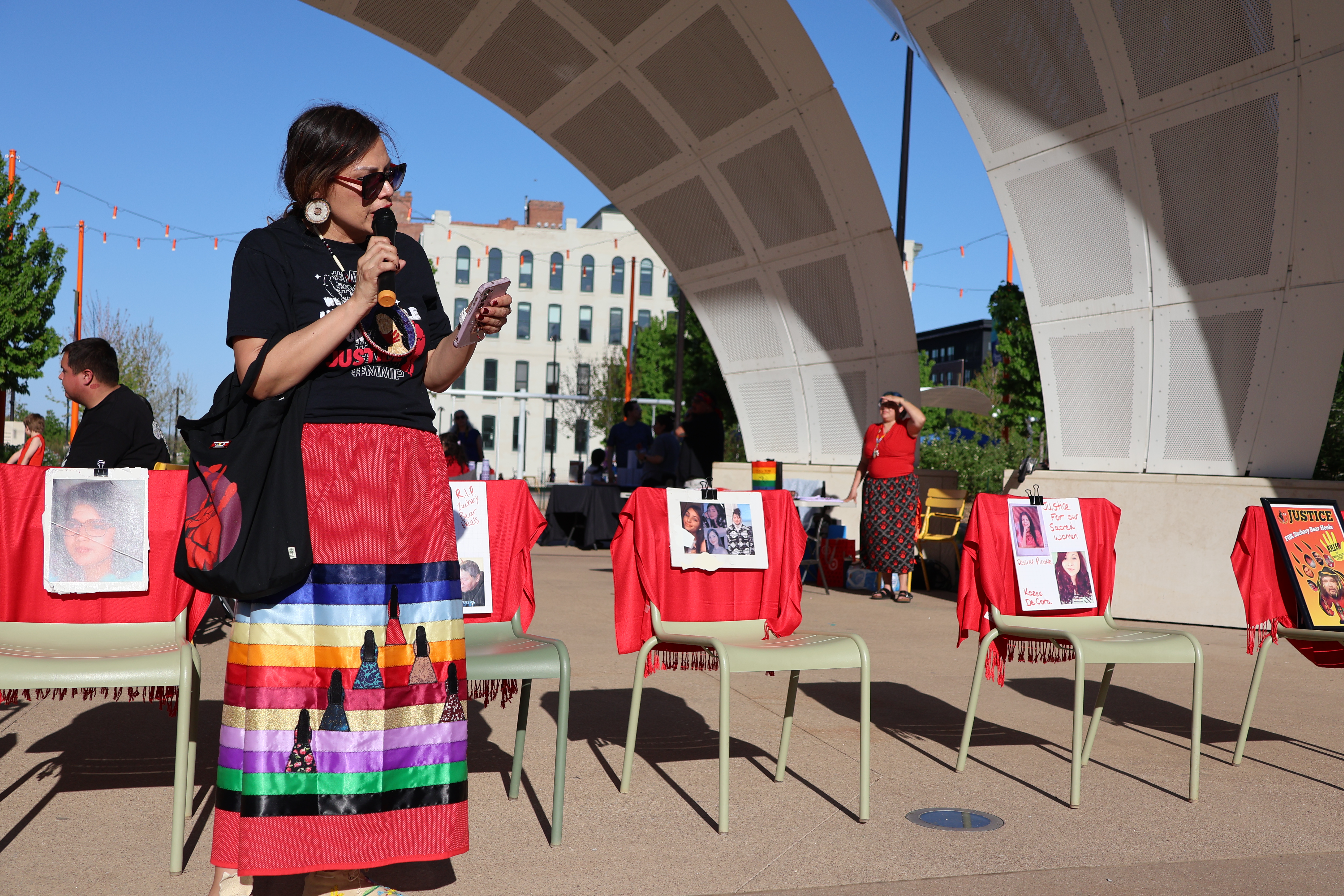 Lestina Saul-Merdassi leads the Missing and Murdered Indigenous Women Awareness Day event in downtown Omaha.<br />(Tim Trudell / The Daily Record)