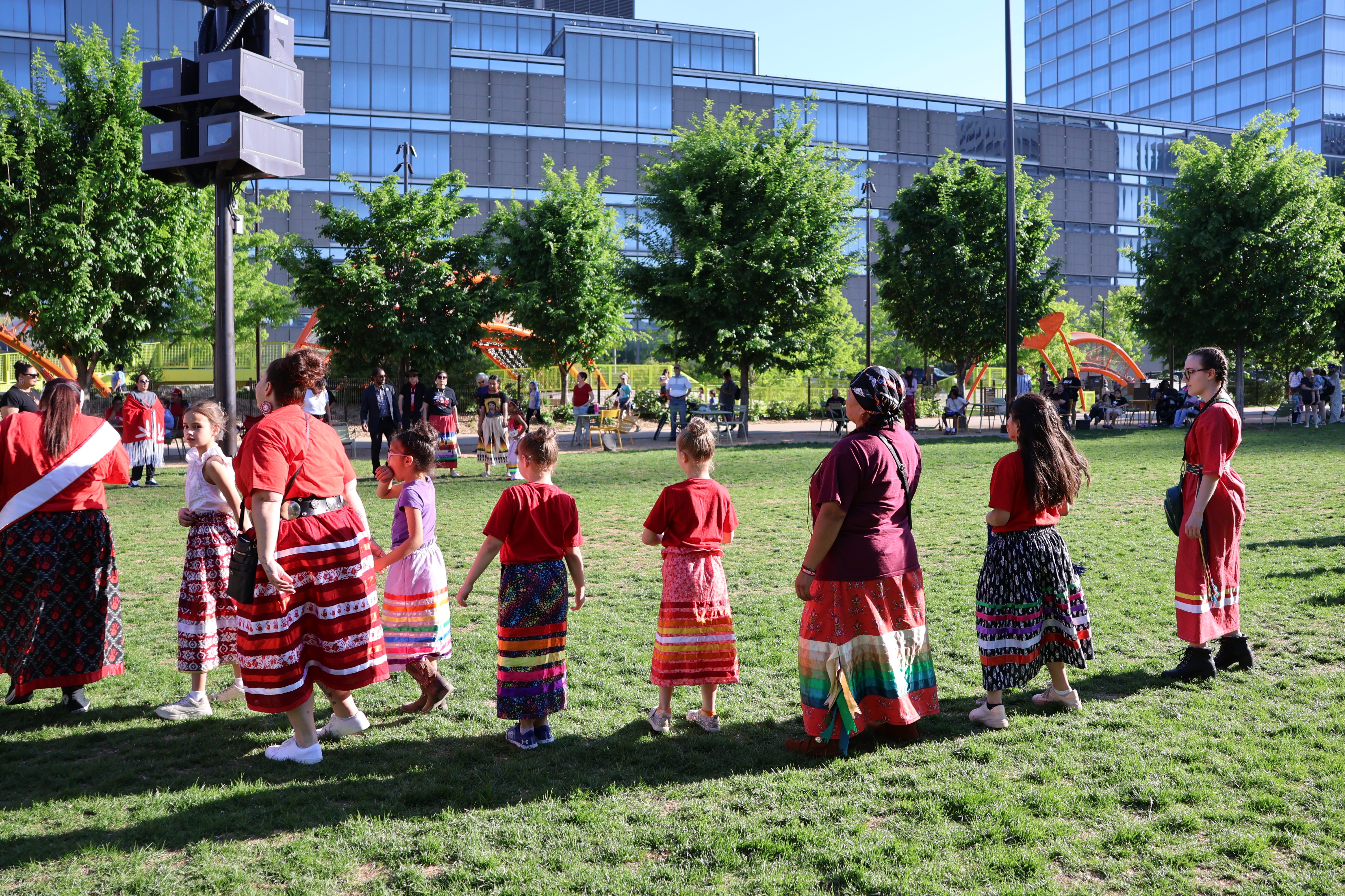 Women and girls participate in a round dance as part of a healing ceremony at Gene Leahy Mall at the Riverfront on Missing and Murdered Indigenous Women Awareness Day.<br />(Tim Trudell / The Daily Record)