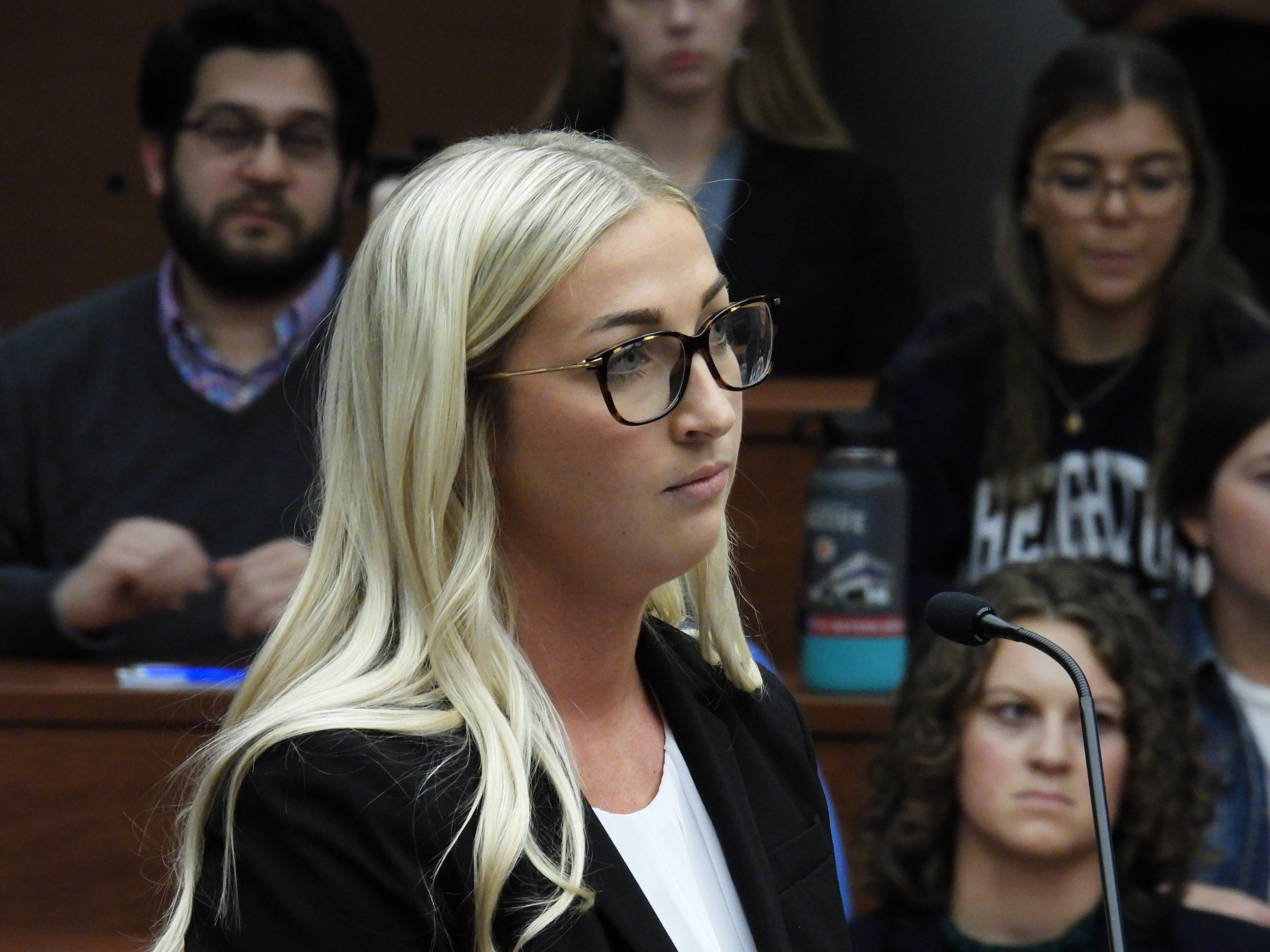 Heidi Strigenz argues before judges that the decision against the student should be upheld, that the school didn’t violate his rights. She was named Outstanding Oralist. (Tim Trudell / The Daily Record)