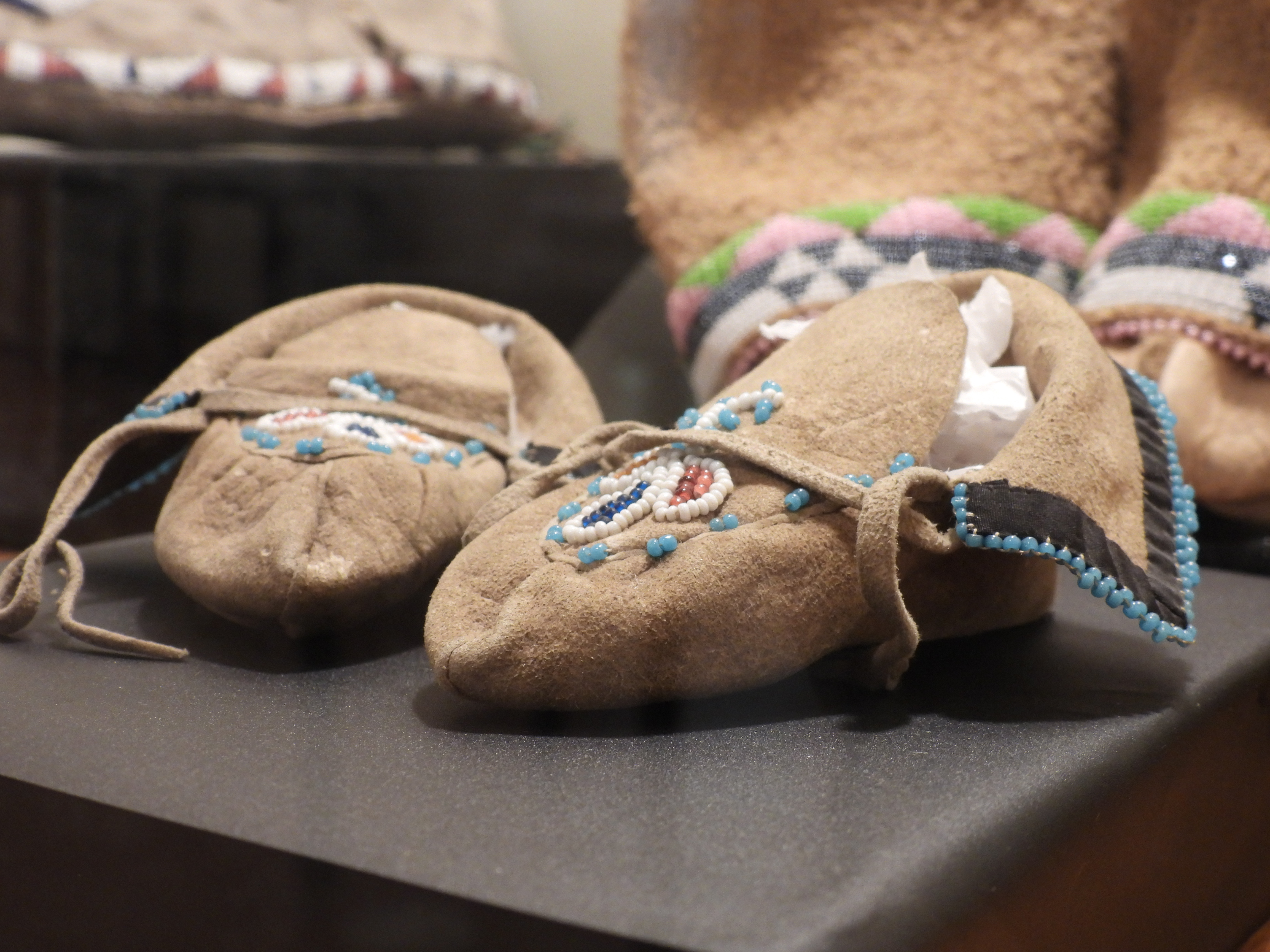 A pair of children’s moccasins at Angel De Cora Museum at Winnebago. (Tim Trudell / Flatwater Free Press)