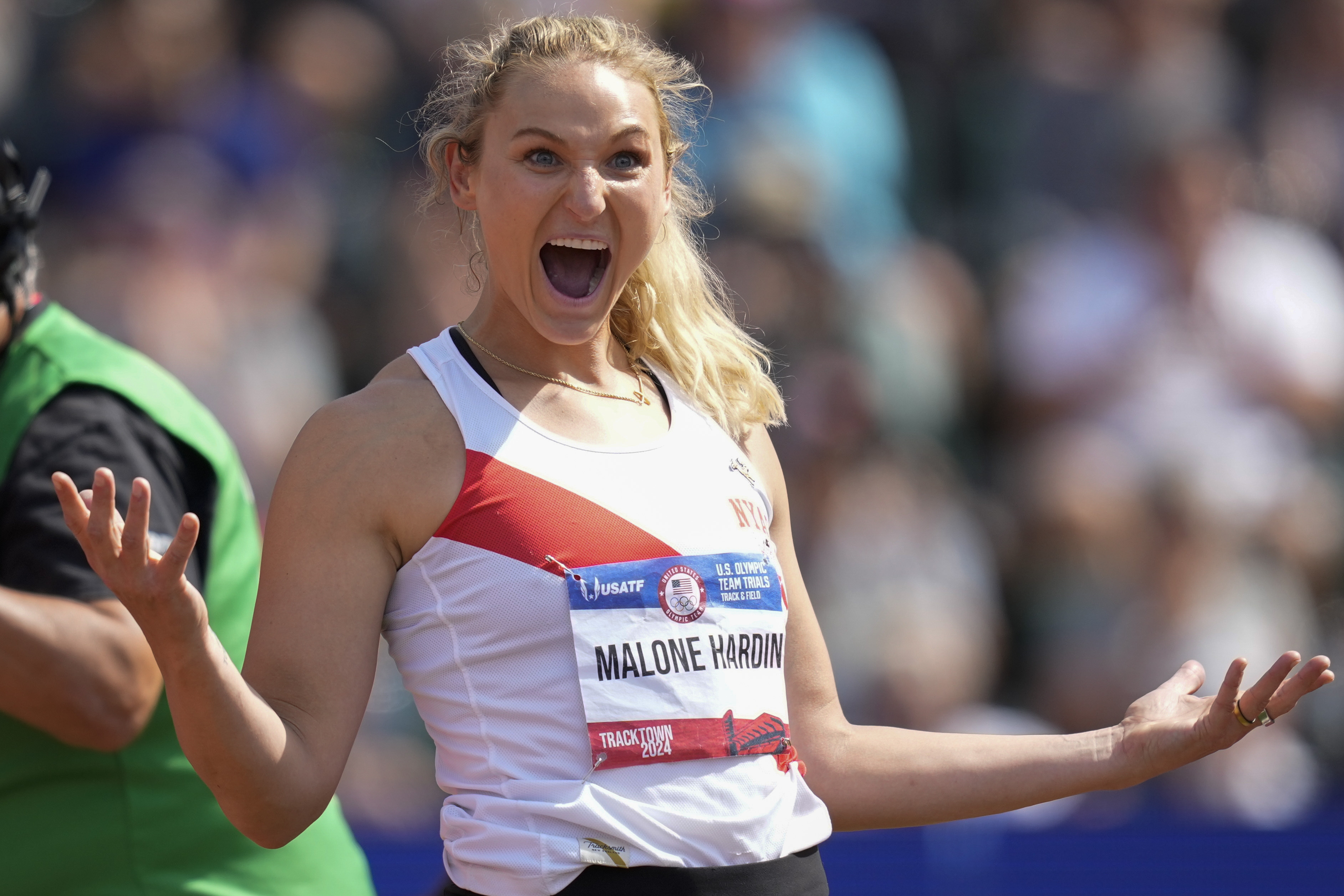 Maggie Malone Hardin reacts to news she broke a meet record as she competes in the women’s javelin throw final during the U.S. Track and Field Olympic Team Trials on June 30, 2024, in Eugene, Ore.<br />(Charlie Neibergall / AP Photo)