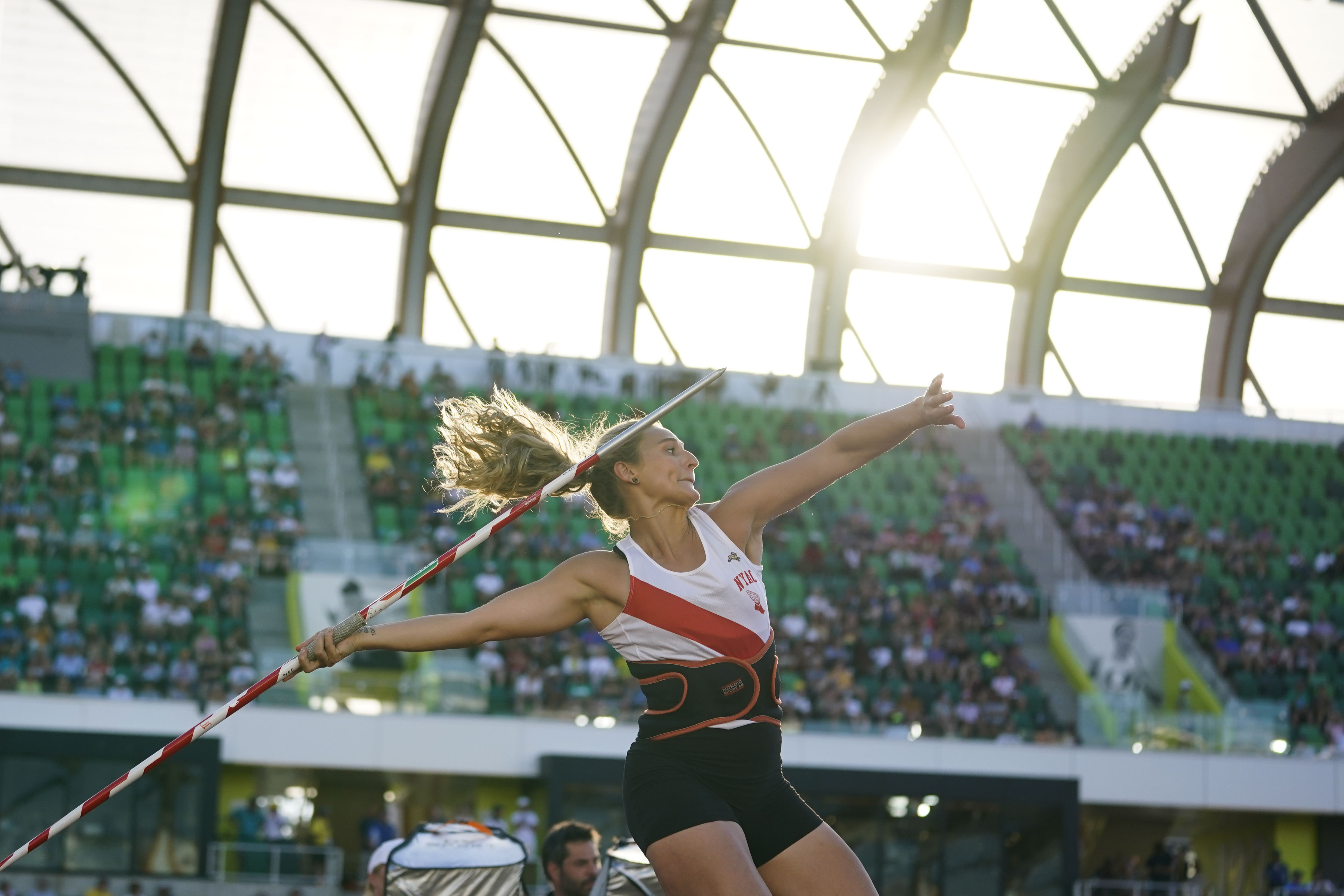 Nebraska native Maggie Malone competes in the women&#039;s javelin throw during the U.S. track and field championships in Eugene, Ore., on July 6, 2023. She is currently training for the 2028 Summer Games. If she qualifies, it will be her fourth Olympics.<br />(Ashley Landis / AP Photo)