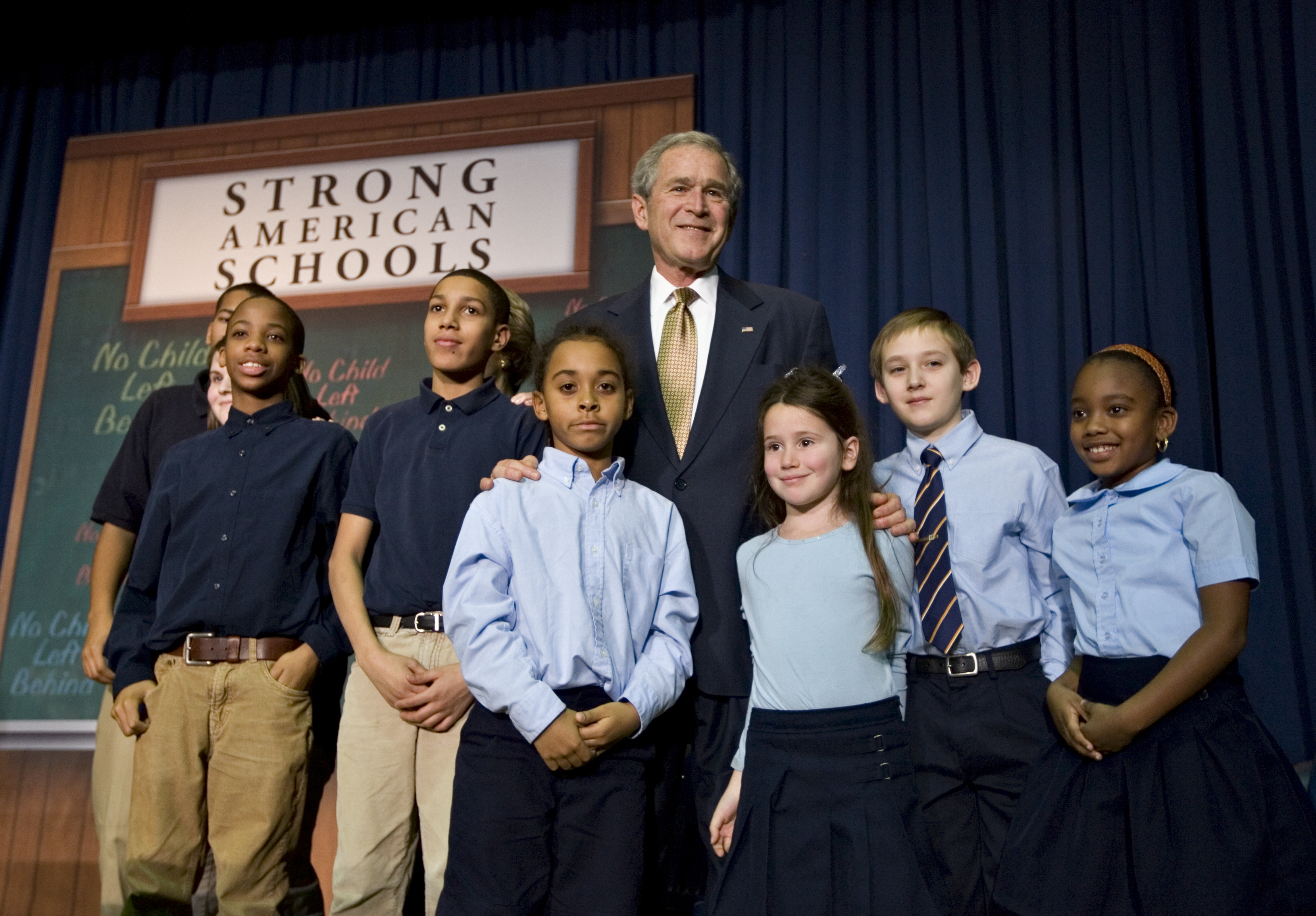 President George W. Bush marks the anniversary of his No Child Left Behind law during a visit with students, teachers and national educators at the General Philip Kearny School in Philadelphia, Thursday, Jan. 8, 2009.<br /> (J. Scott Applewhite / AP Photo)
