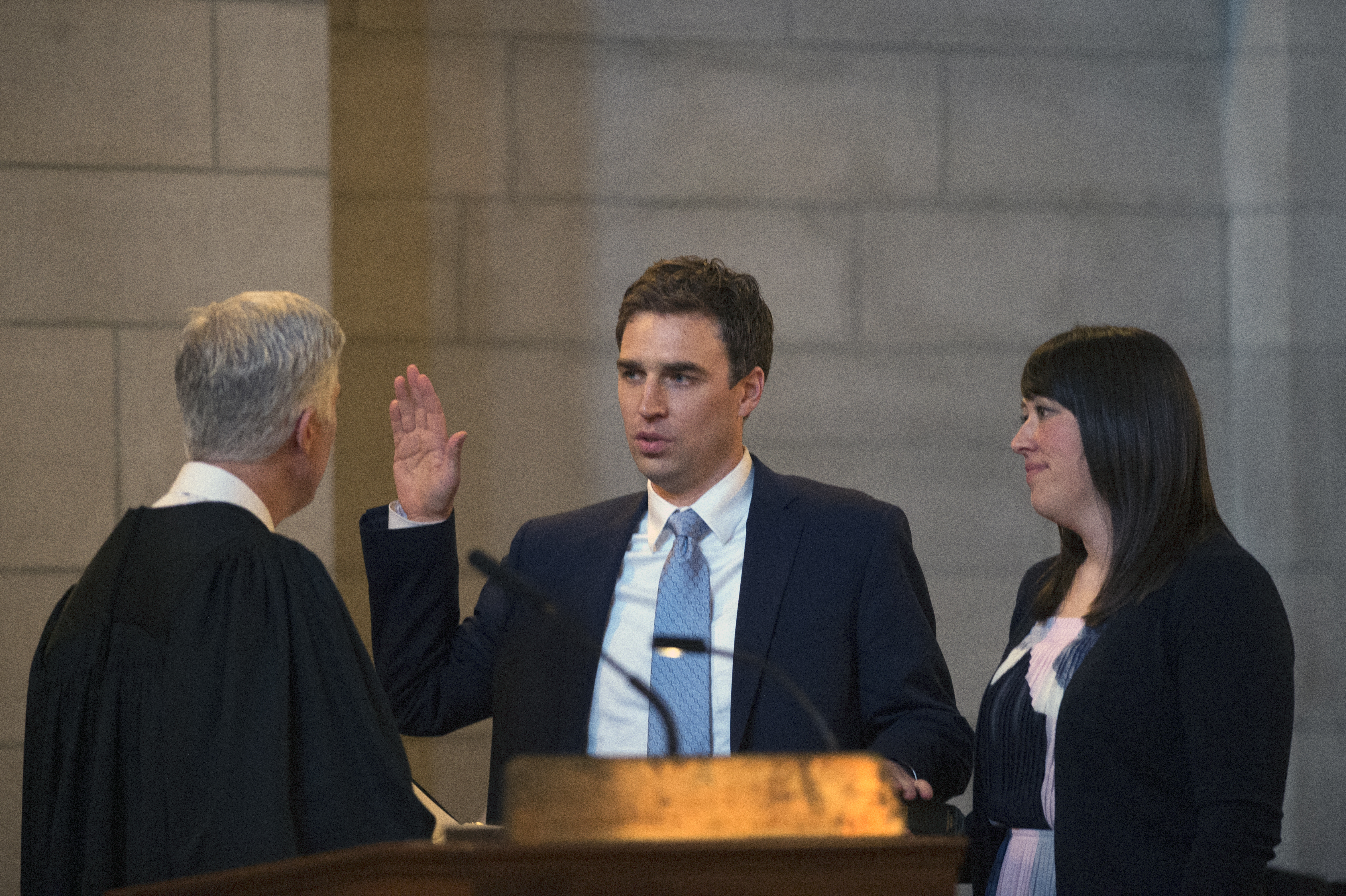 United States Supreme Court Justice Neil Gorsuch (left) swears in Jonathan Papik.<br /> (Kayla Wolf / Lincoln Journal Star via AP)