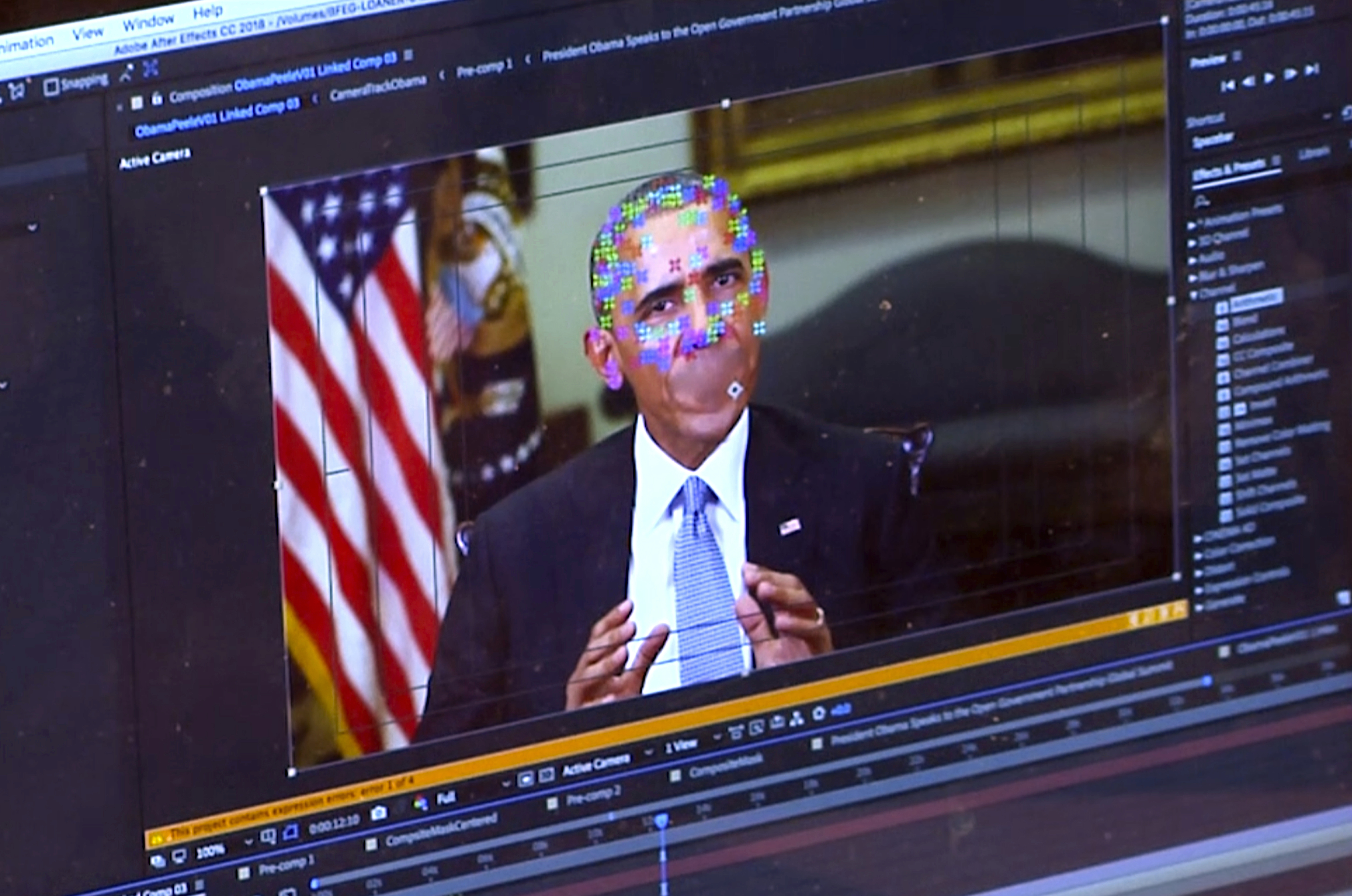 This image made from a fake video featuring former President Barack Obama shows elements of facial mapping used in new technology that lets anyone make videos of real people appearing to say things they&#039;ve never said. There is rising concern that U.S. adversaries will use new technology to make authentic-looking videos to influence political campaigns or jeopardize national security.<br />(AP Photo)
