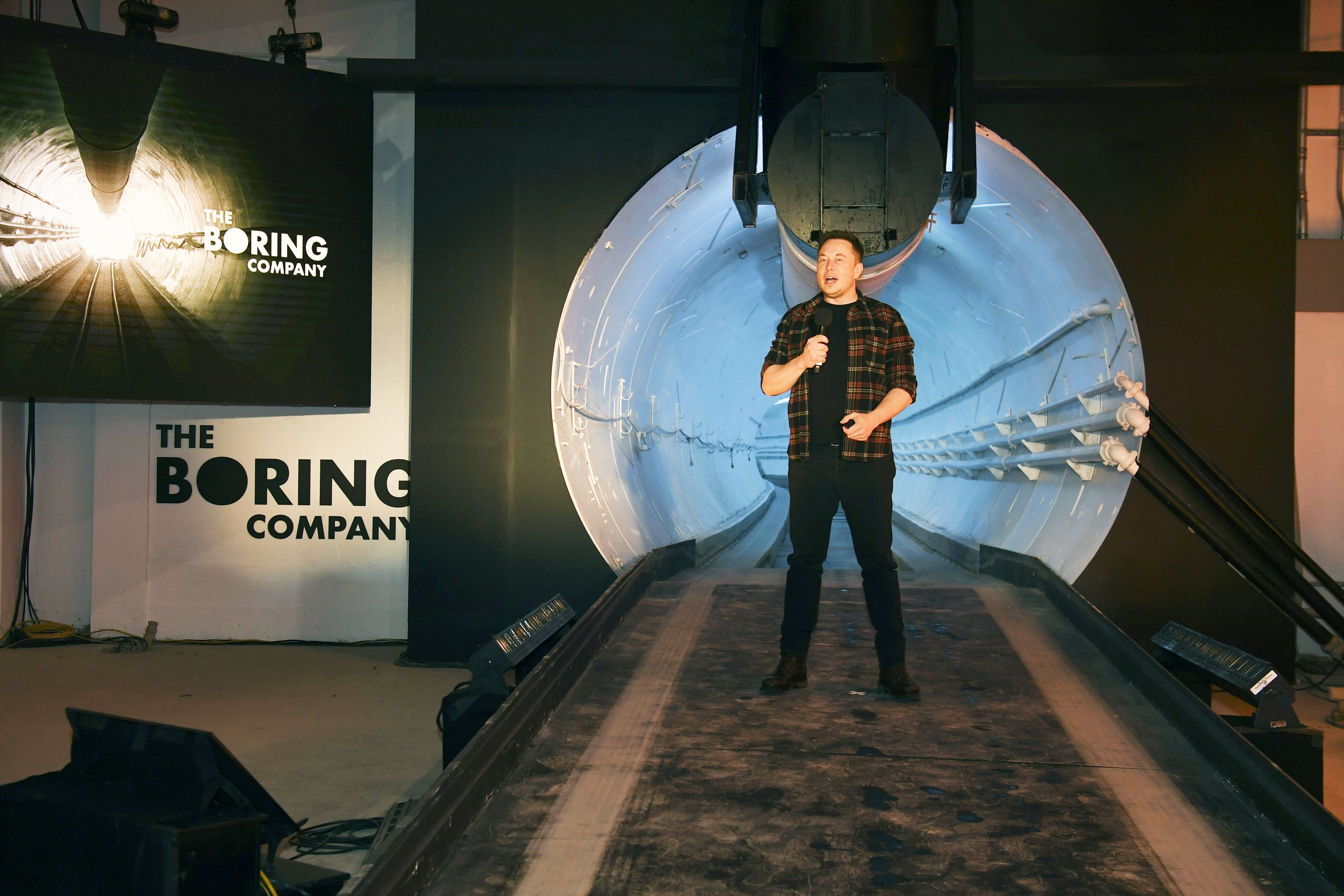 Dec. 18, 2018, Elon Musk, co-founder and chief executive officer of Tesla Inc., speaks during an unveiling event for the Boring Co., Hawthorne test tunnel in Hawthorne, Calif.<br />(Robyn Beck / AP Photo)