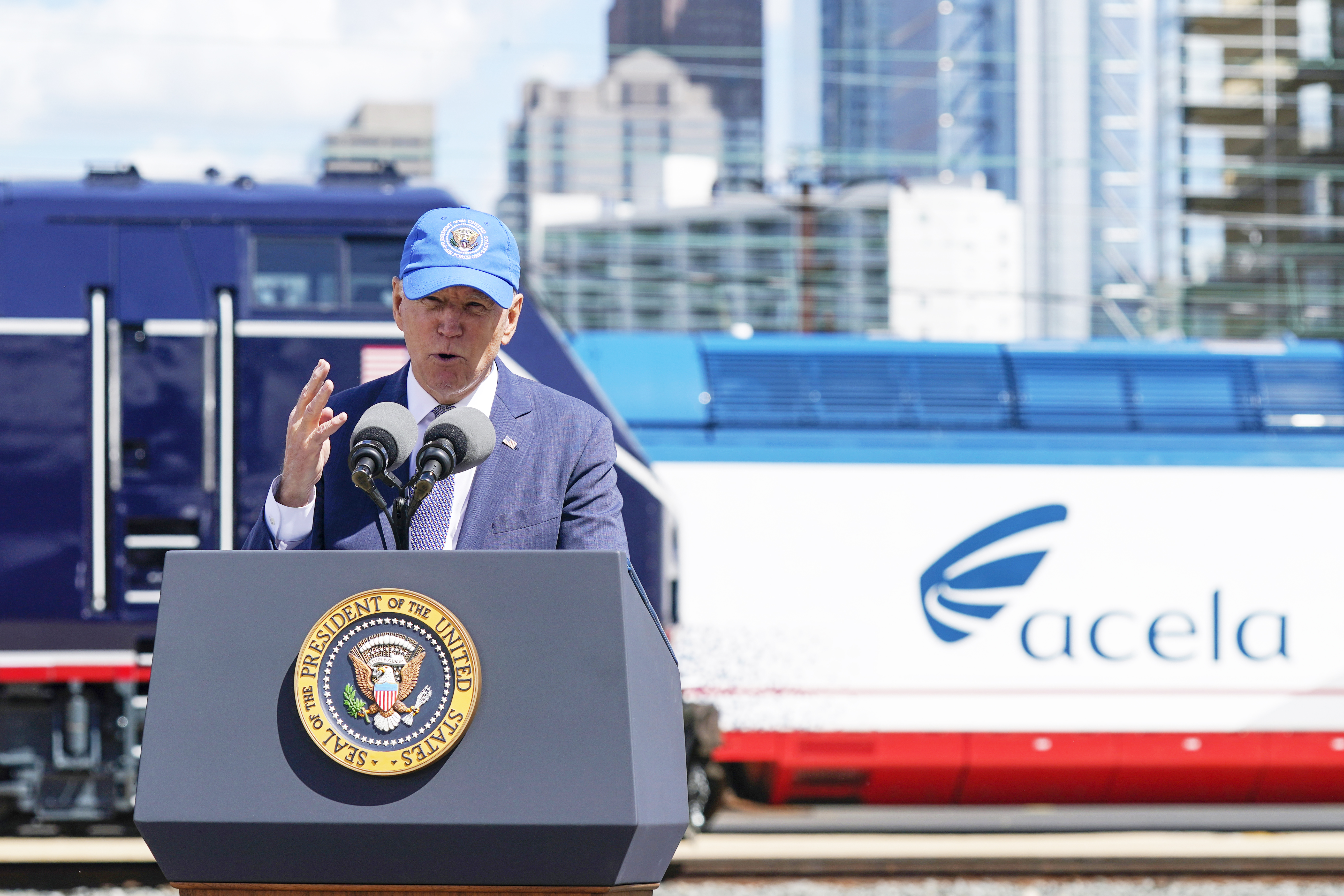 Former President Joe Biden delivers remarks at an Amtrak 50th anniversary event in Philadelphia in 2021.<br />(Patrick Semansky / AP Photo)