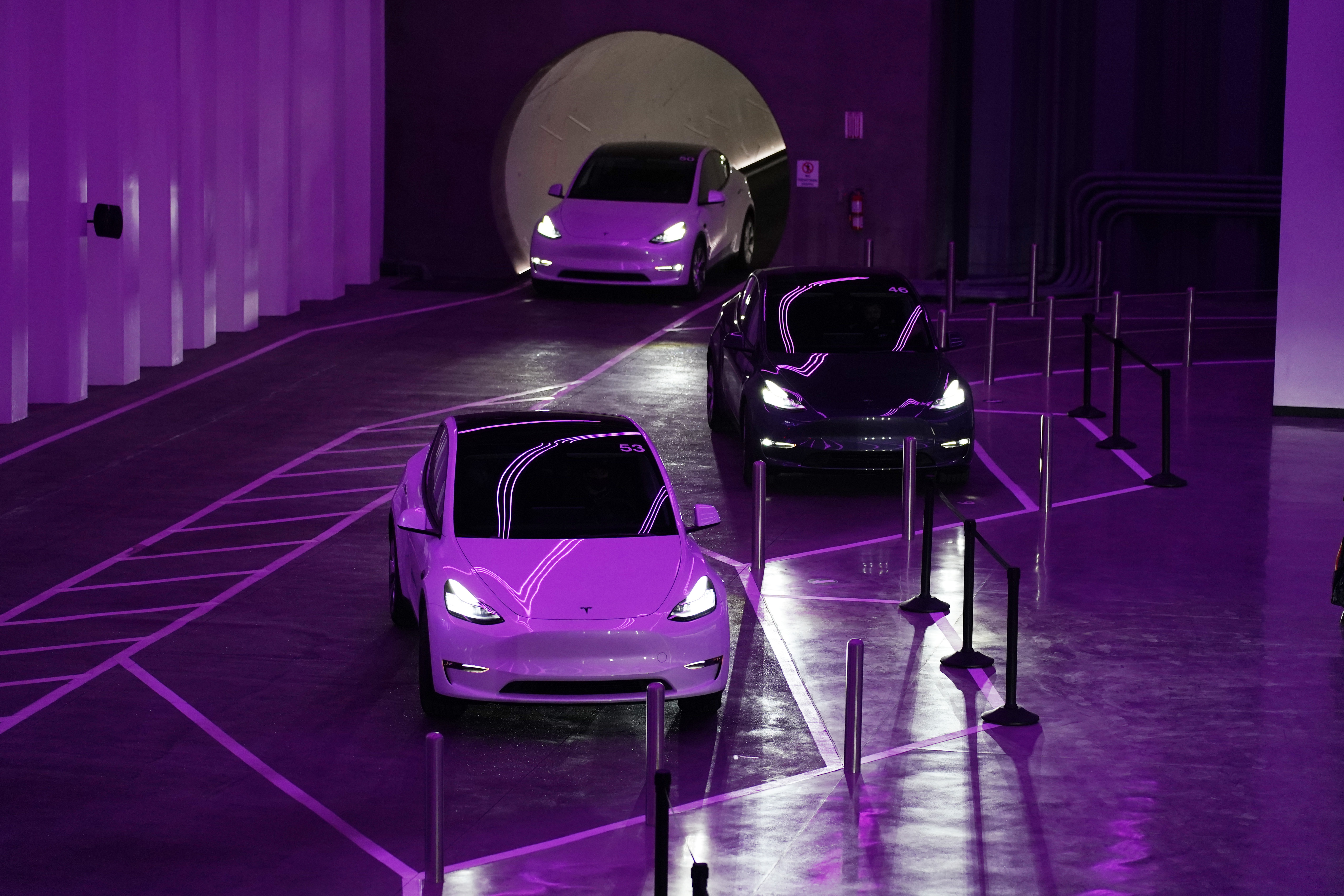Teslas park in the Las Vegas Convention Center Loop, an underground tunnel developed by Elon Musk&#039;s The Boring Company, Tuesday, June 8, 2021, in Las Vegas.<br />(John Locher / AP Photo)