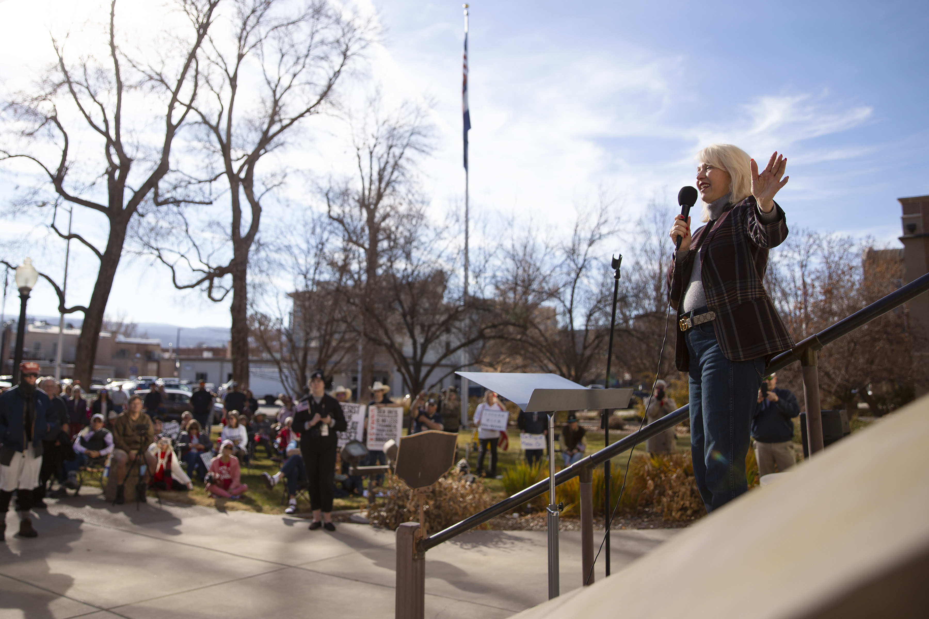 Mesa County, Colo., clerk Tina Peters speaks during the truth and justice rally in support of  Sherronna Bishop, both subjects of investigations into an election security breach, Wednesday, Dec. 1, 2021, outside the old Mesa County Courthouse in Grand Junction, Colo.<br />(McKenzie Lange / The Grand Junction Daily Sentinel via AP