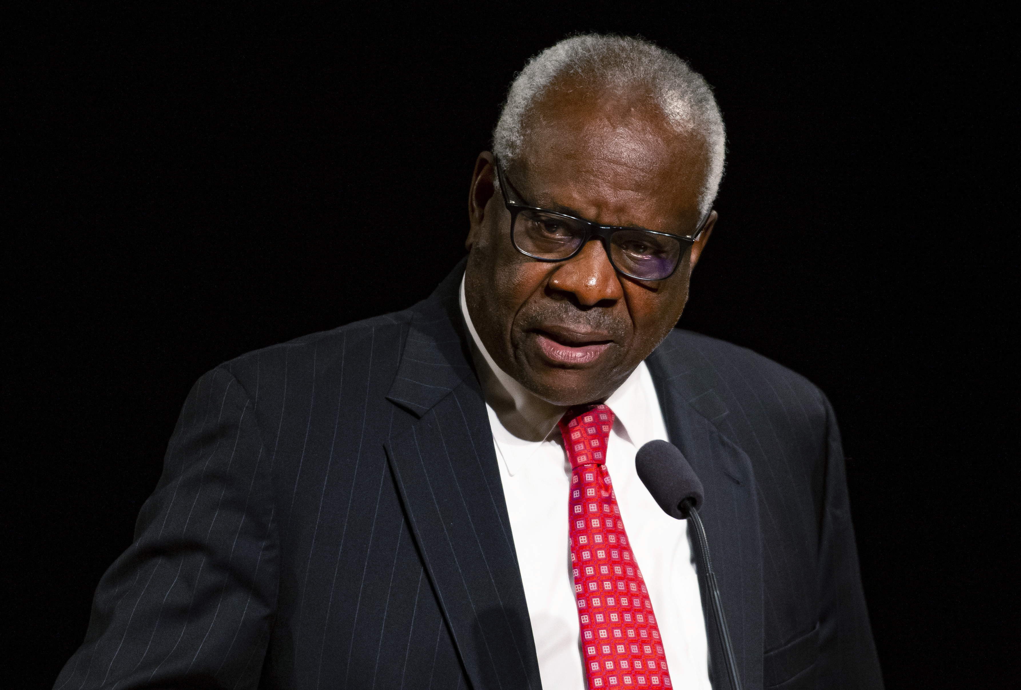 Supreme Court Justice Clarence Thomas spoke Sept. 16, 2021, at the University of Notre Dame in South Bend, Ind. The transaction is the first known instance of money flowing from Crow to the Supreme Court justice. The sale netted the GOP megadonor two vacant lots and the house where Thomas’ mother was living. (Robert Franklin / South Bend Tribune via AP)