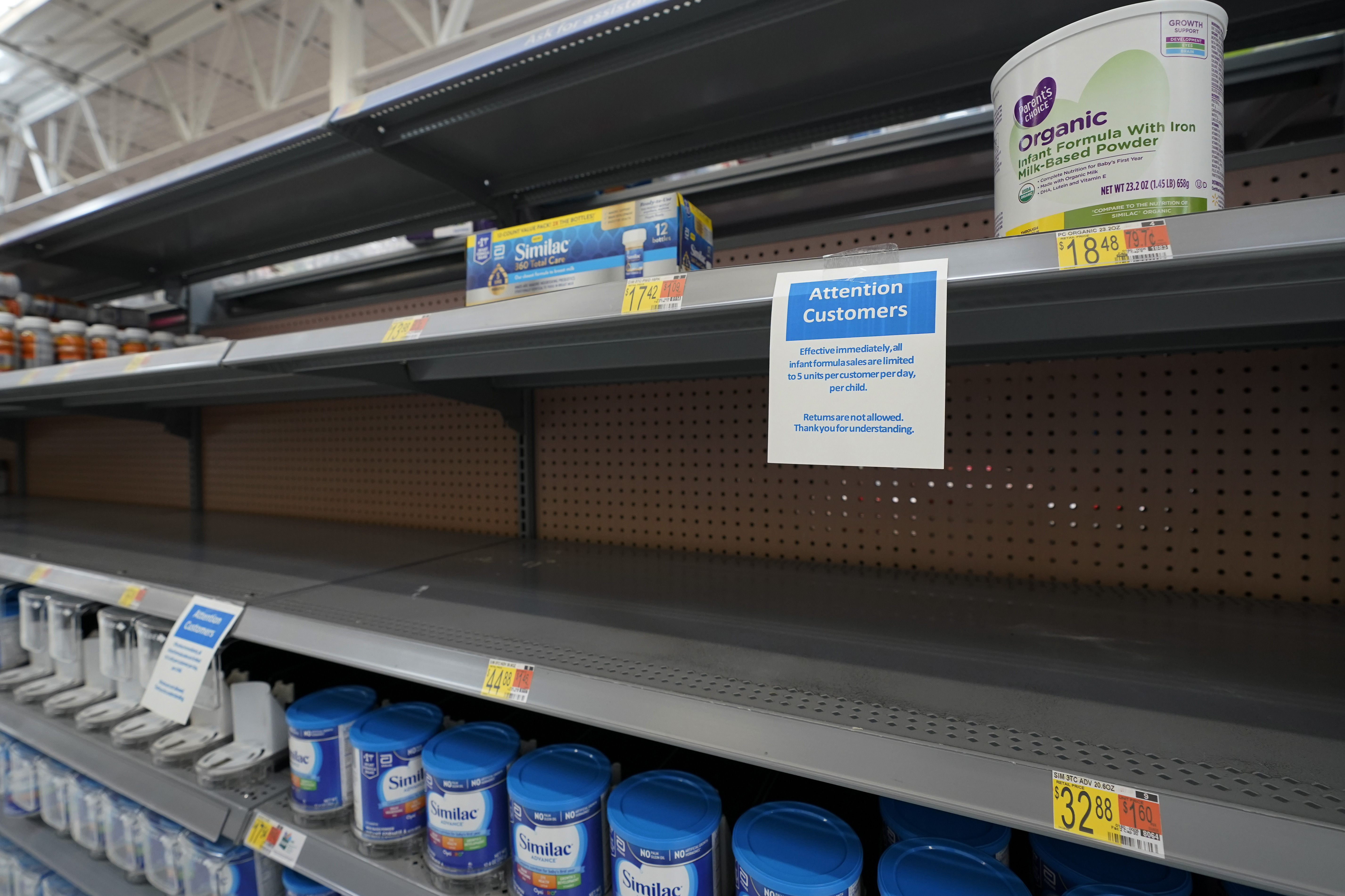 Shelves typically stocked with baby formula sit mostly empty at a store in San Antonio, Tuesday, May 10, 2022. A massive baby formula recall, combined with COVID-related supply chain problems, is getting most of the blame for the shortage that&#039;s causing distress for many parents across the U.S. but those aren’t the only reasons.<br />(Eric Gay / AP Photo)