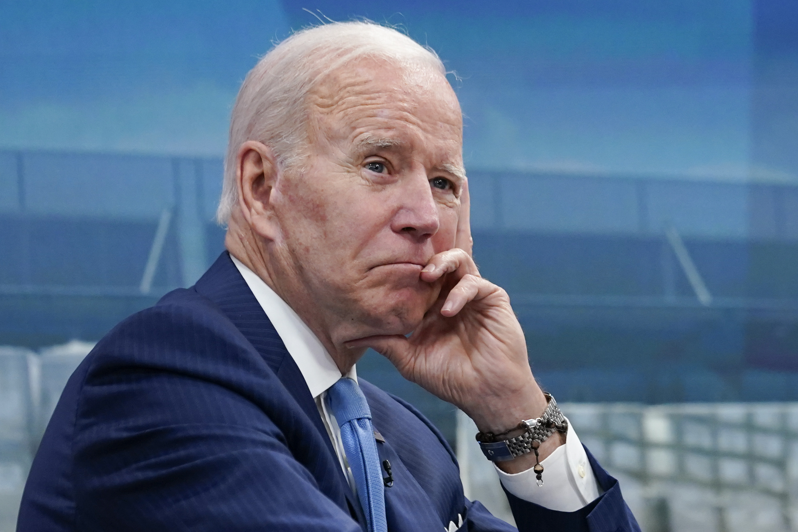 President Joe Biden listens as he meets virtually with infant formula manufacturers from the South Court Auditorium on the White House complex in Washington, Wednesday, June 1, 2022.<br />(Susan Walsh / AP Photo)