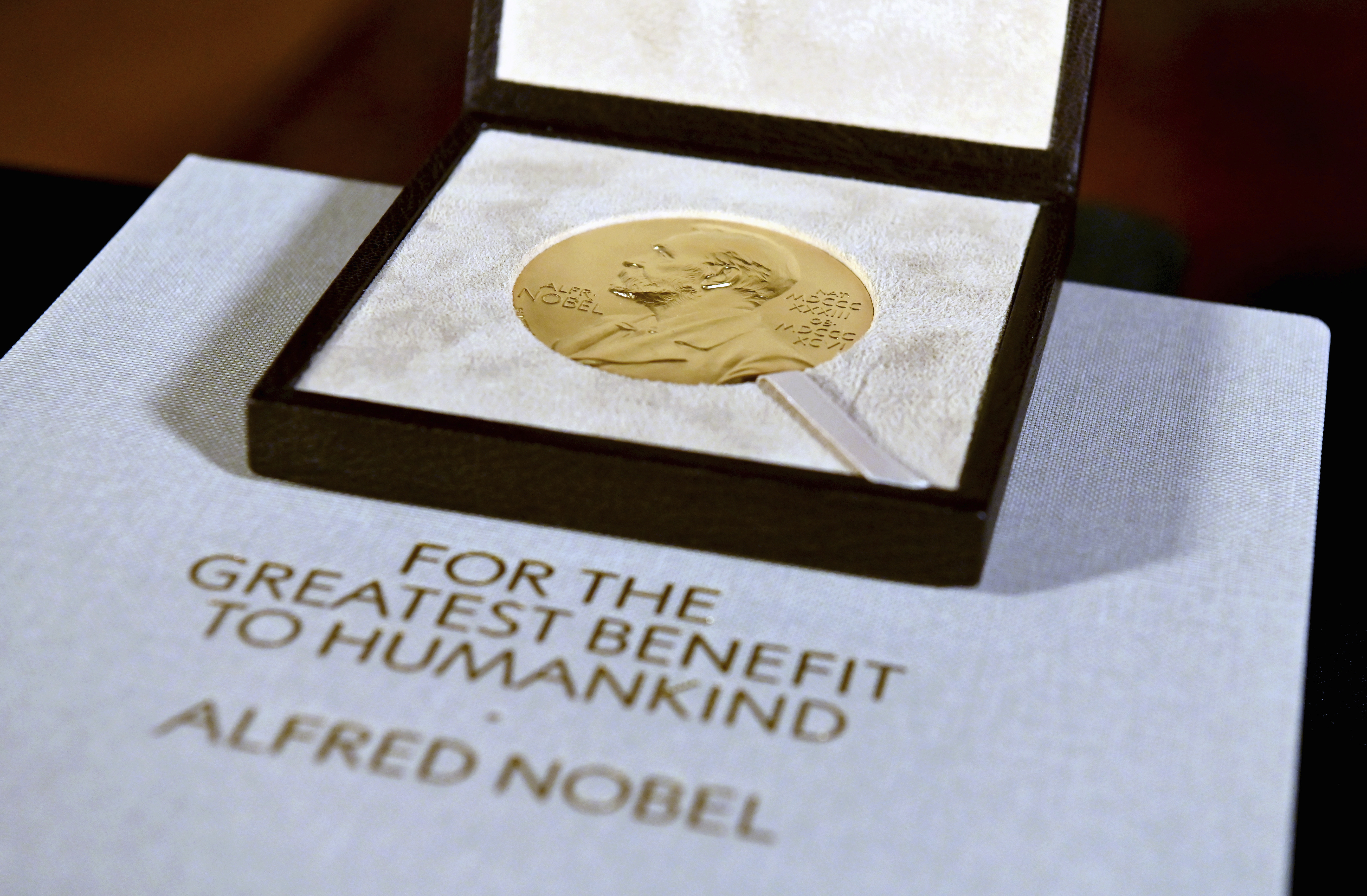 The Nobel diploma and medal in physiology or medicine presented to Charles M. Rice is displayed. (Angela Weiss / AP Photo)