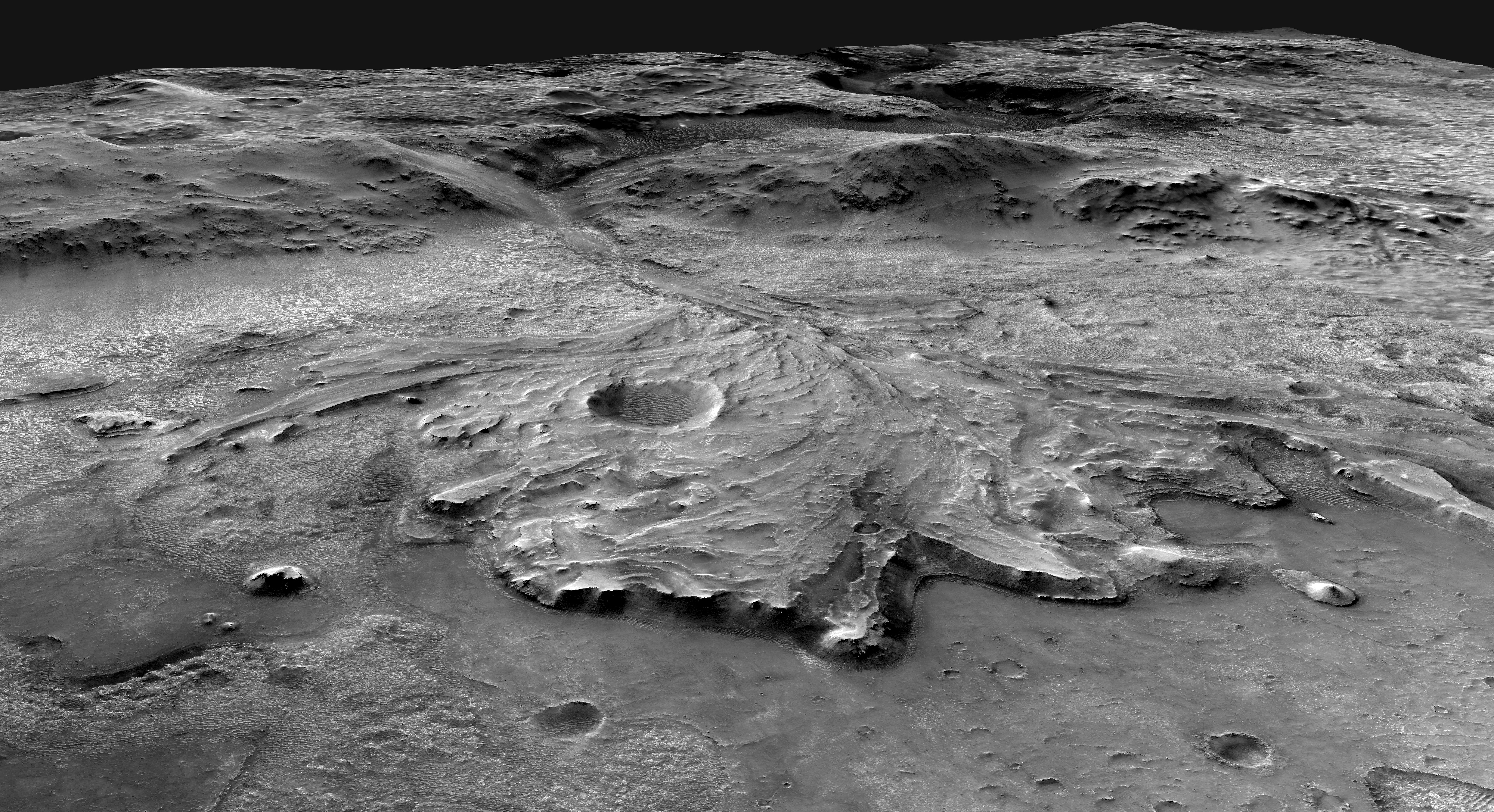 This image made available by NASA shows the Jezero Crater area on the planet Mars, captured by the Mars Reconnaissance Orbiter. Ancient Mars may have had an environment capable of harboring an underground world teeming with microscopic organisms. That&#039;s according to French scientists who published their findings, Monday, Oct. 10, 2022.<br />(NASA / JPL-Caltech / USGS via AP, File)