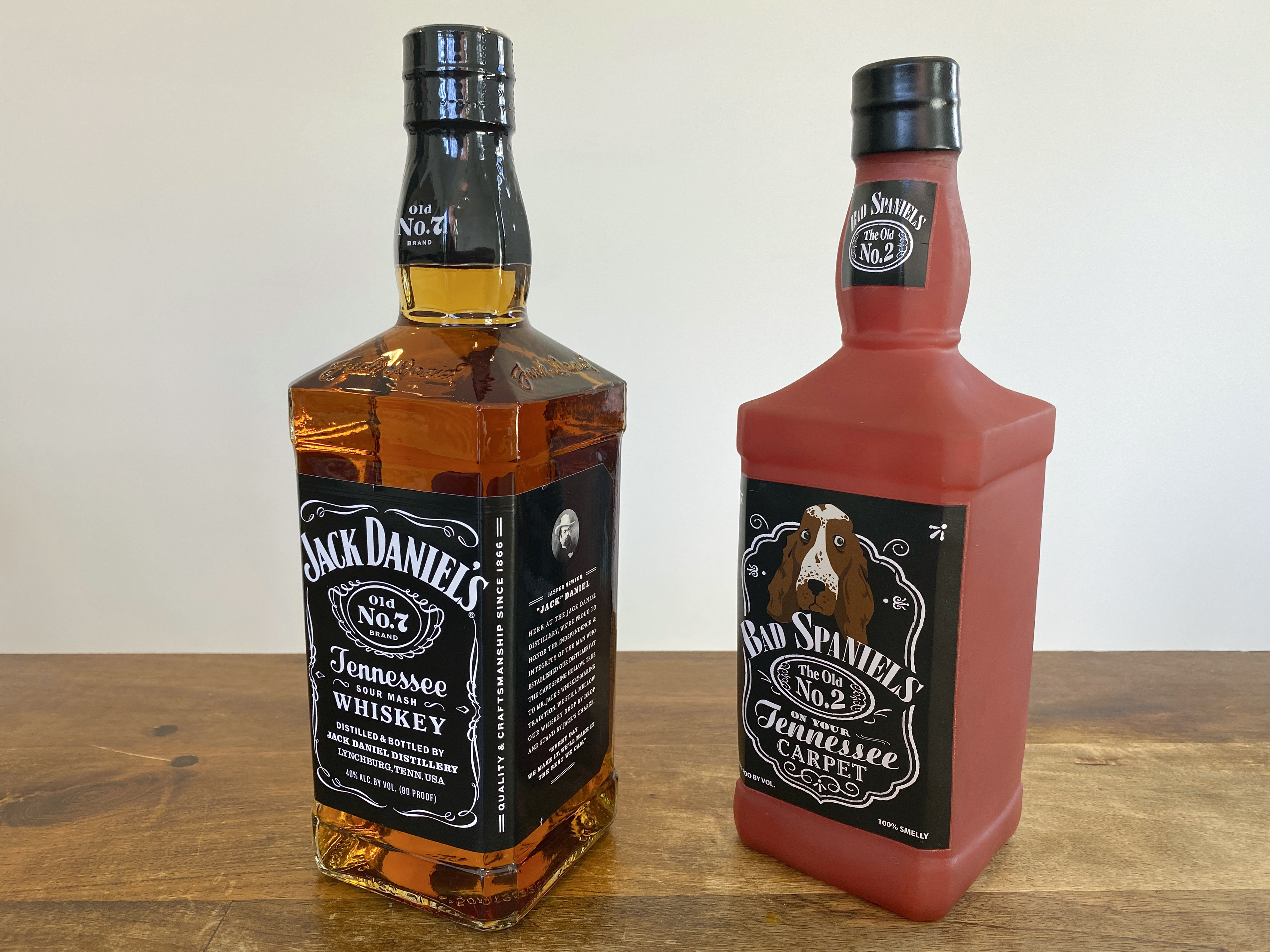 A bottle of Jack Daniel’s Tennessee Whiskey is displayed next to a Bad Spaniels dog toy.<br />(Jessica Gresko / AP Photo)