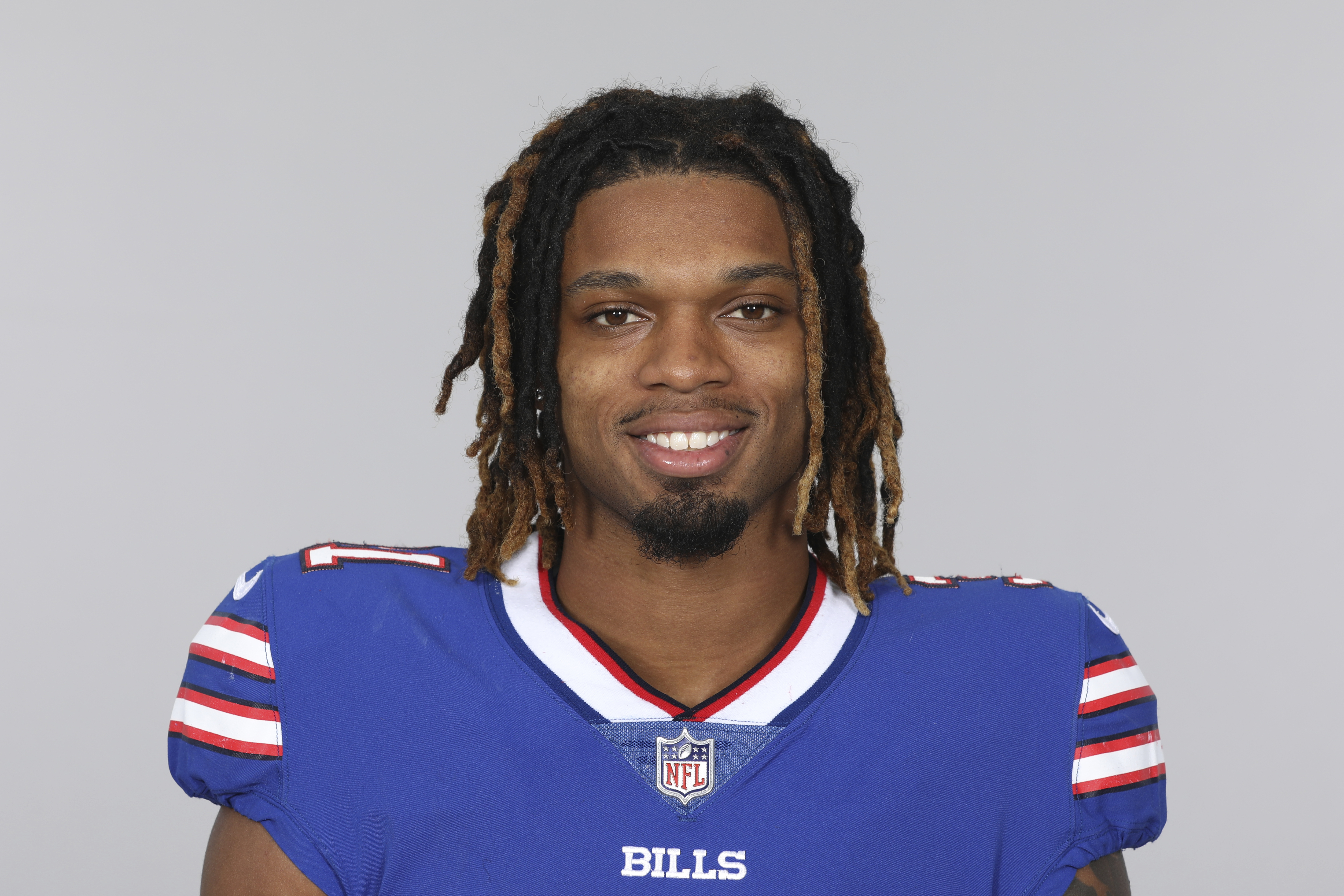 Damar Hamlin of the Buffalo Bills NFL football team smiles May 12, 2021. Damar Hamlin plans to support young people through education and sports with the $8.6 million in GoFundMe donations that unexpectedly poured into his toy drive fundraiser after he suffered a cardiac arrest in the middle of a game.<br />(AP Photo)