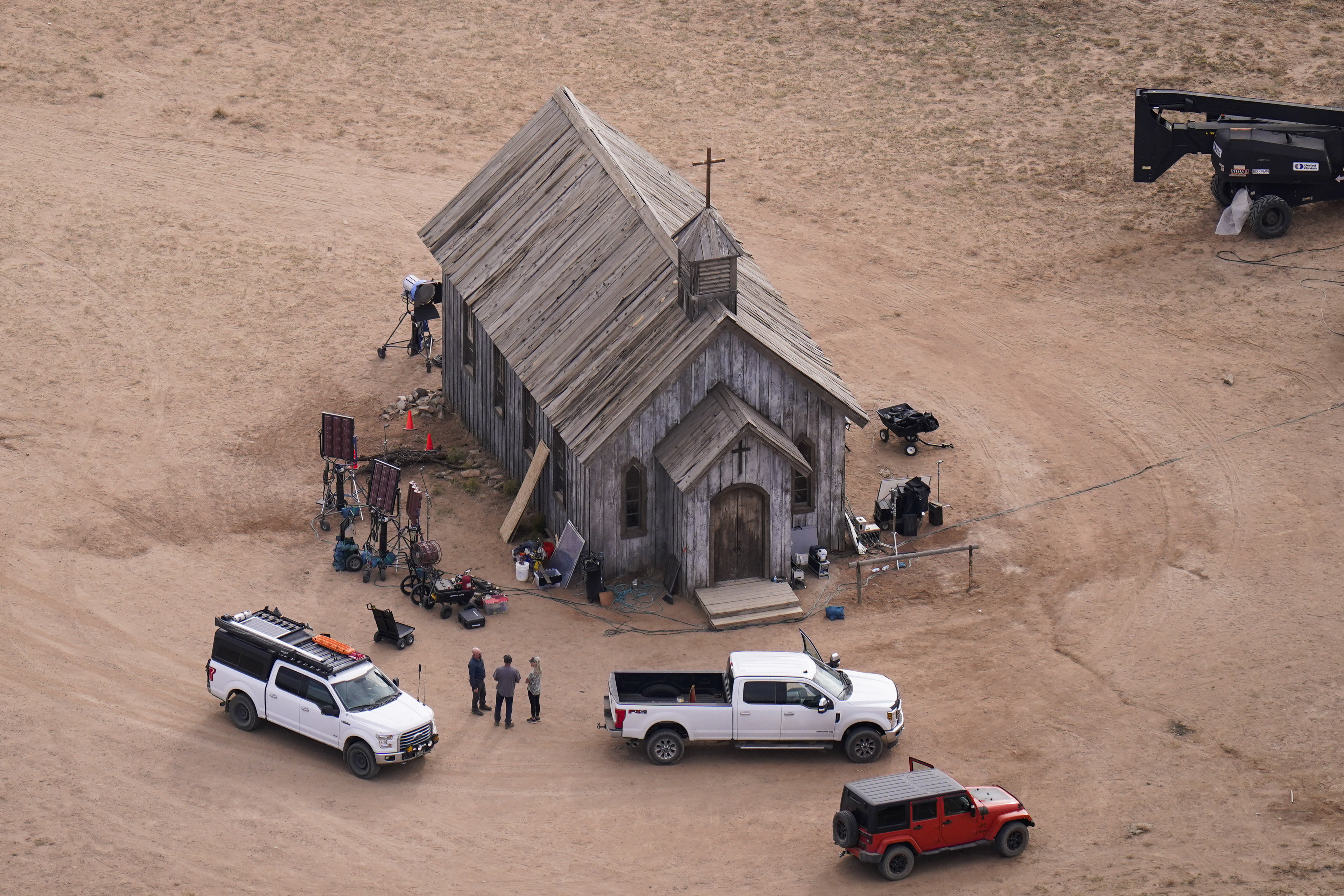 This aerial photo shows the movie set of “Rust” at Bonanza Creek Ranch in Santa Fe, N.M., on Saturday, Oct. 23, 2021. Prosecutors announced Thursday, Jan. 19, 2023 they are charging Baldwin with involuntary manslaughter. (Jae C. Hong / AP Photo)