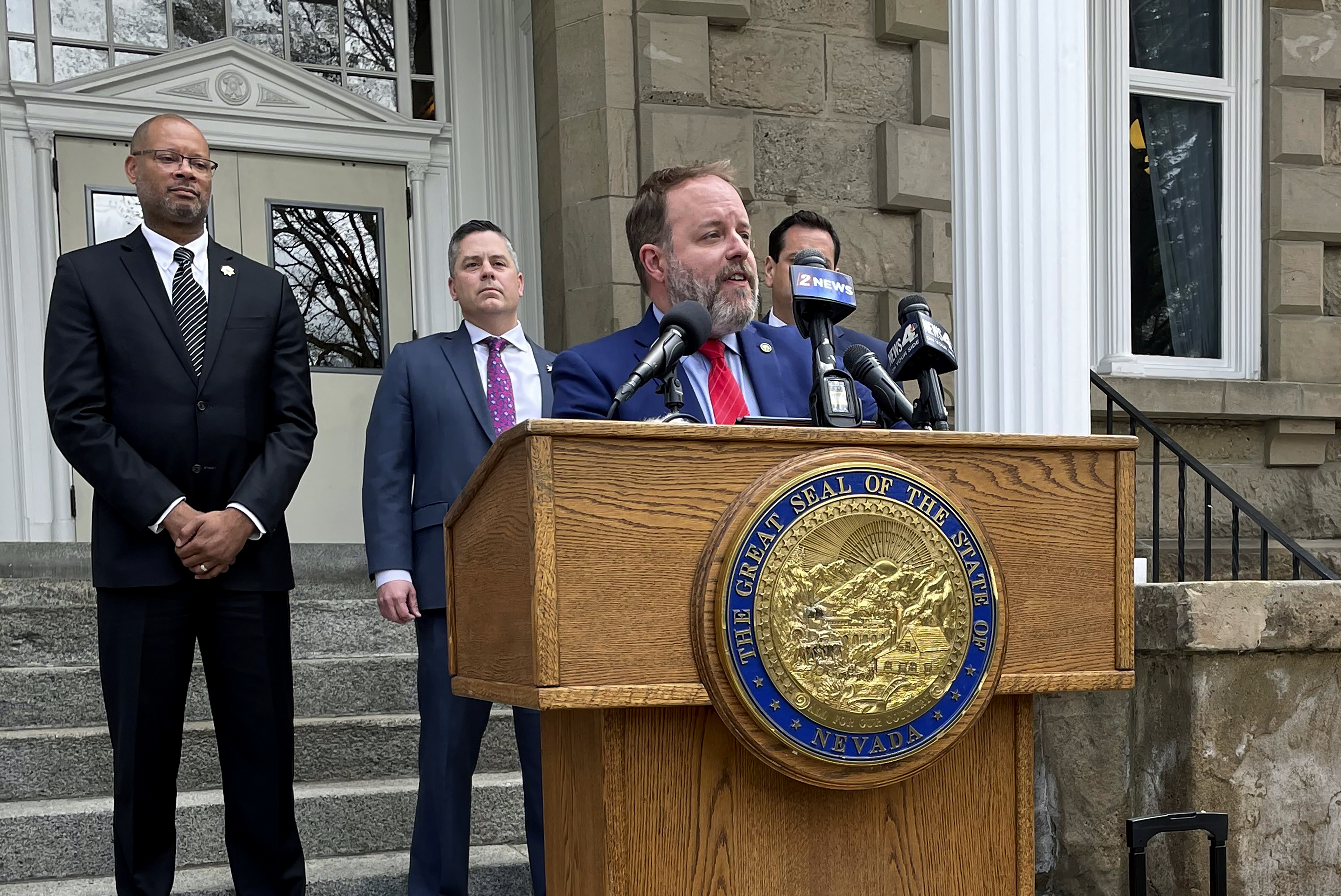Democratic treasurer Zach Conine addresses reporters at a press conference to outline the priorities of Democrats who control Nevada&#039;s state Legislature on Wednesday, May 3, 2023.<br />(Gabe Stern / AP Photo)