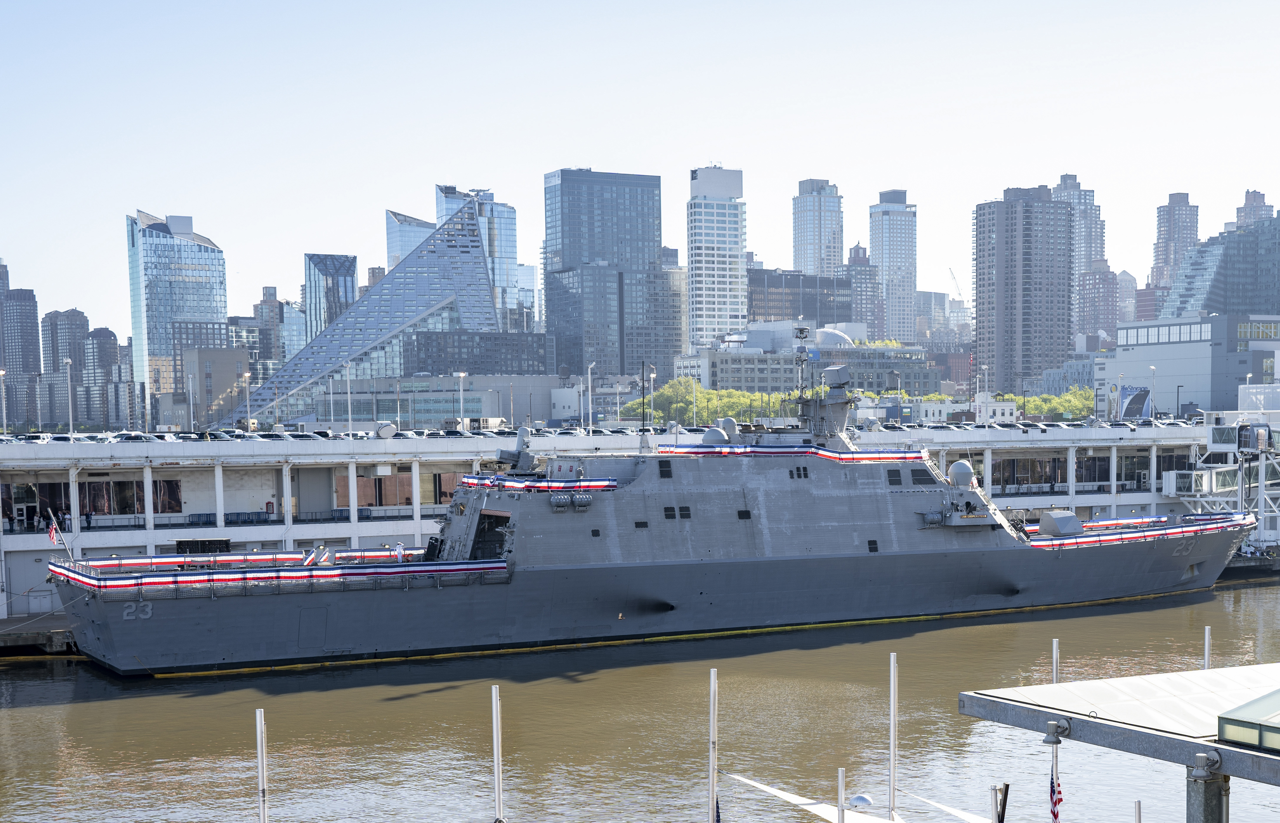 This photo provided by the U.S. Navy shows the Freedom-variant littoral combat ship USS Cooperstown (LCS 23) prior to the ship’s commissioning ceremony, Saturday, May 6, 2023, in New York.<br />(Petty Officer 1st Class Kevin C. Leitner / U.S. Navy via AP)