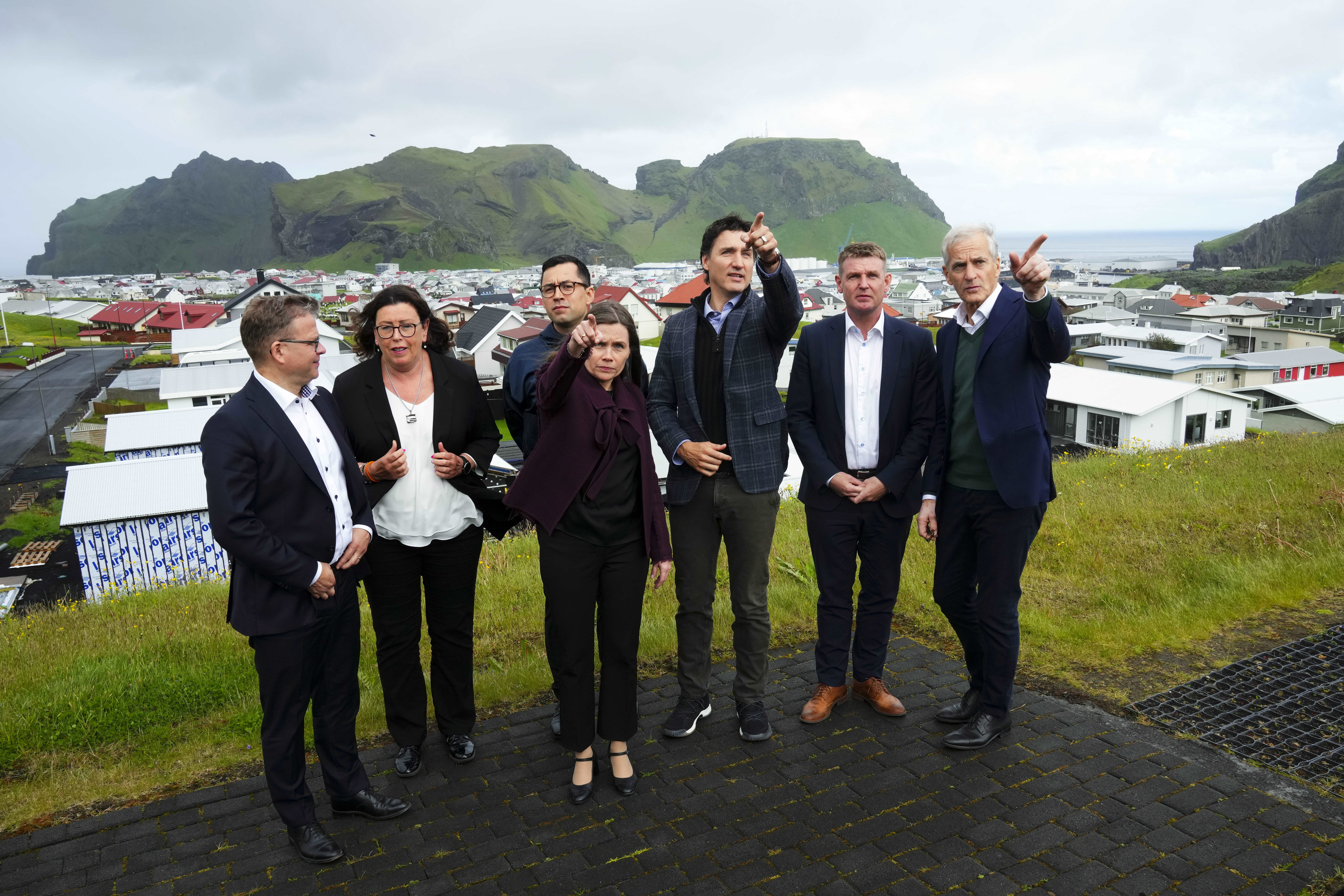 Left to right: Prime Minister of Finland Petteri Orpo, Former Prime Minister of the Aland Islands Veronica Thornroos, Prime Minister of Greenland Mute Bourup Egede, Prime Minister of Iceland Katrin Jakobsdottir, Former Canadian Prime Minister Justin Trudeau, Prime Minister of the Faroe Islands Aksel Vilhelmson Johannesen, and Prime Minister of Norway Jonas Gahr Store.<br />(Sean Kilpatrick / The Canadian Press via AP)