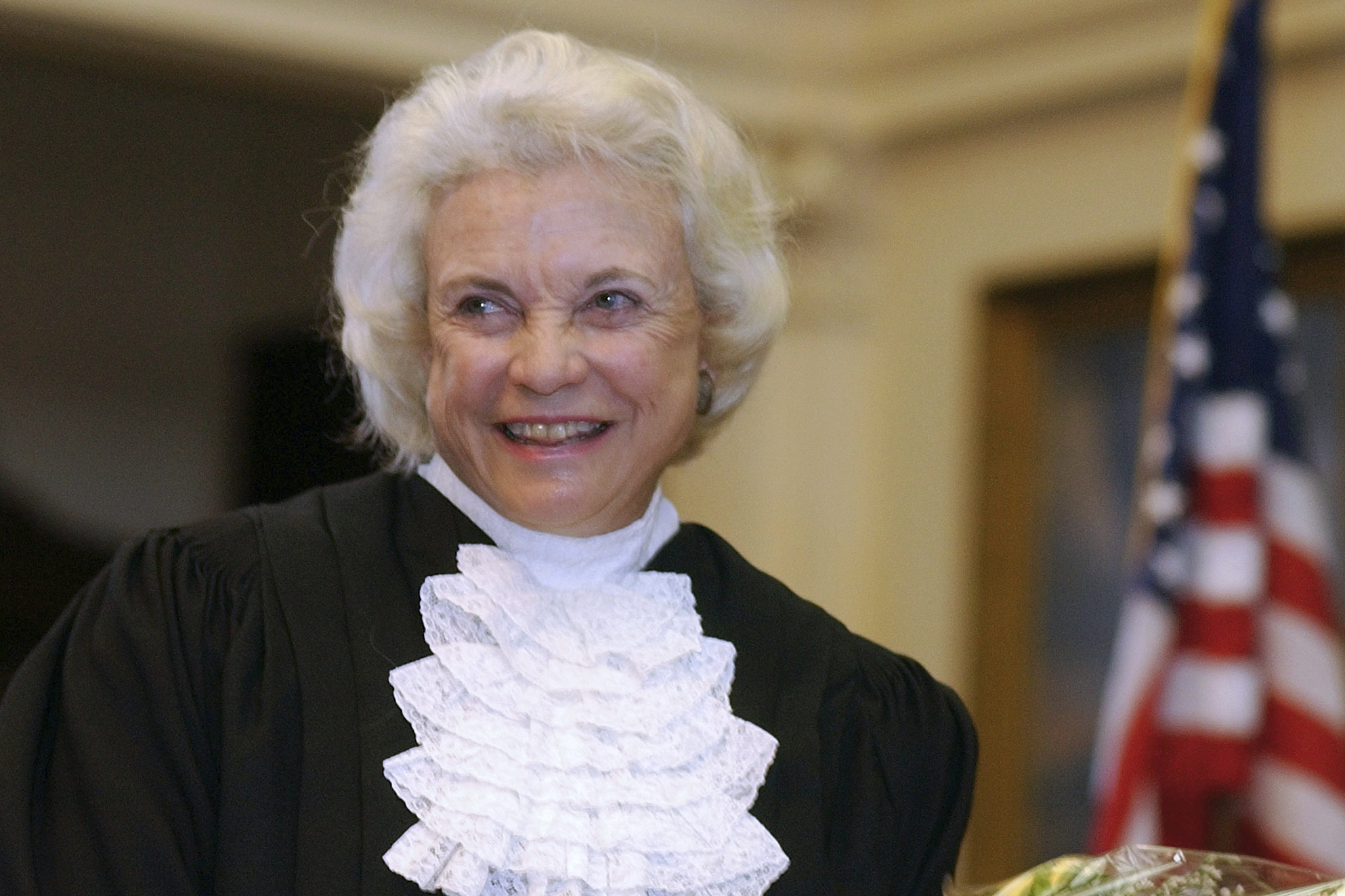 U.S. Supreme Court Justice Sandra Day O’Connor is shown before administering the oath of office to members of the Texas Supreme Court, Jan. 6, 2003, in Austin, Texas.<br />(Harry Cabluck / AP Photo)